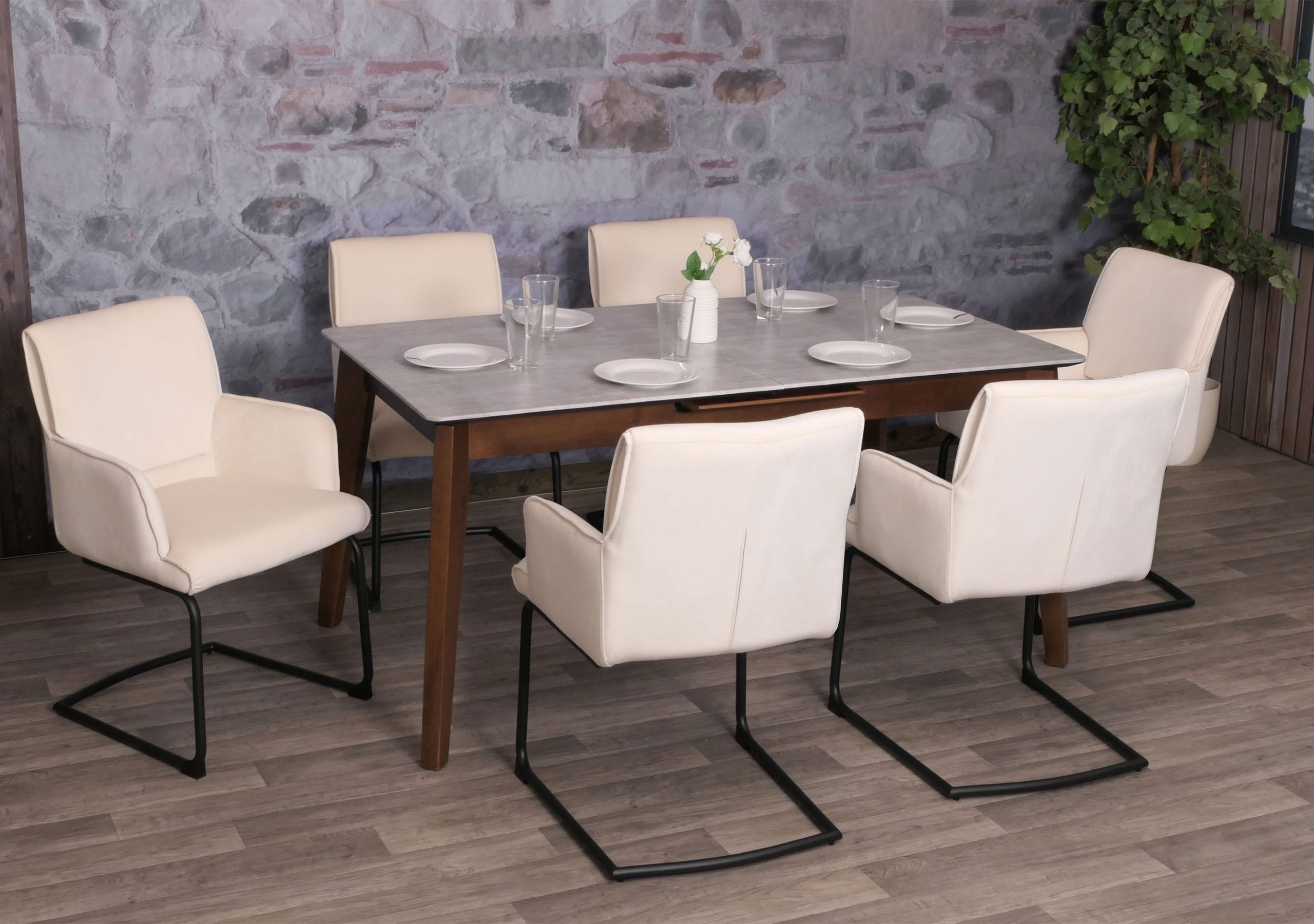 6er-Set Freischwinger MCW-N60, Esszimmerstuhl K&uuml;chenstuhl Stuhl, Stoff/Textil &Ouml;ko-Tex ~ creme-beige - Bild 1