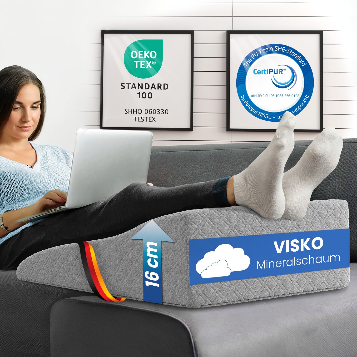 ELONEO Beinhochlagerungskissen aus Memory Foam, Beinkissen zur Entlastung, Lagerungskissen mit abnehmbaren Bezug, 68x40x16cm, grau