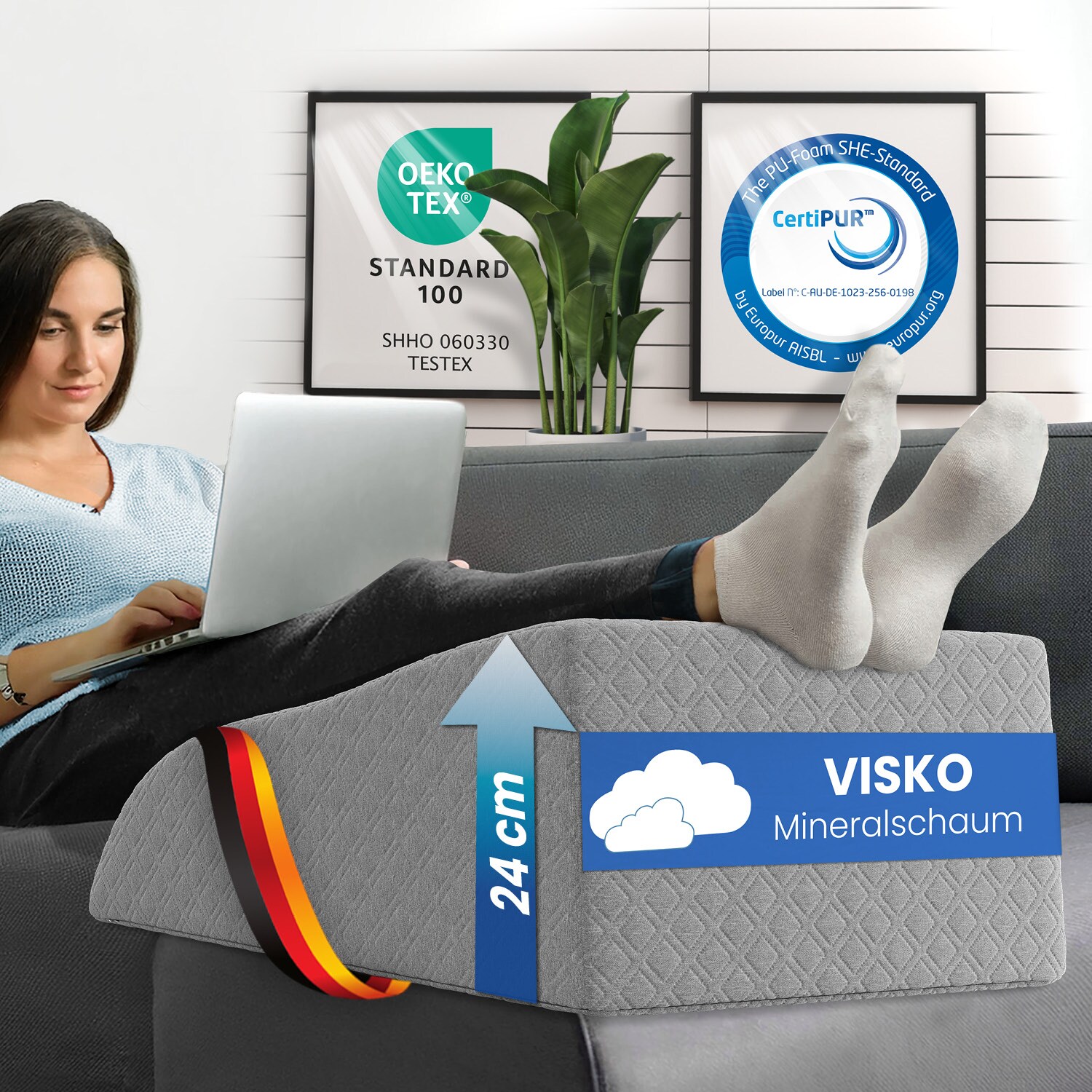 ELONEO Beinhochlagerungskissen aus Memory Foam, Beinkissen zur Entlastung, Lagerungskissen mit abnehmbaren Bezug, 62x40x24cm, grau