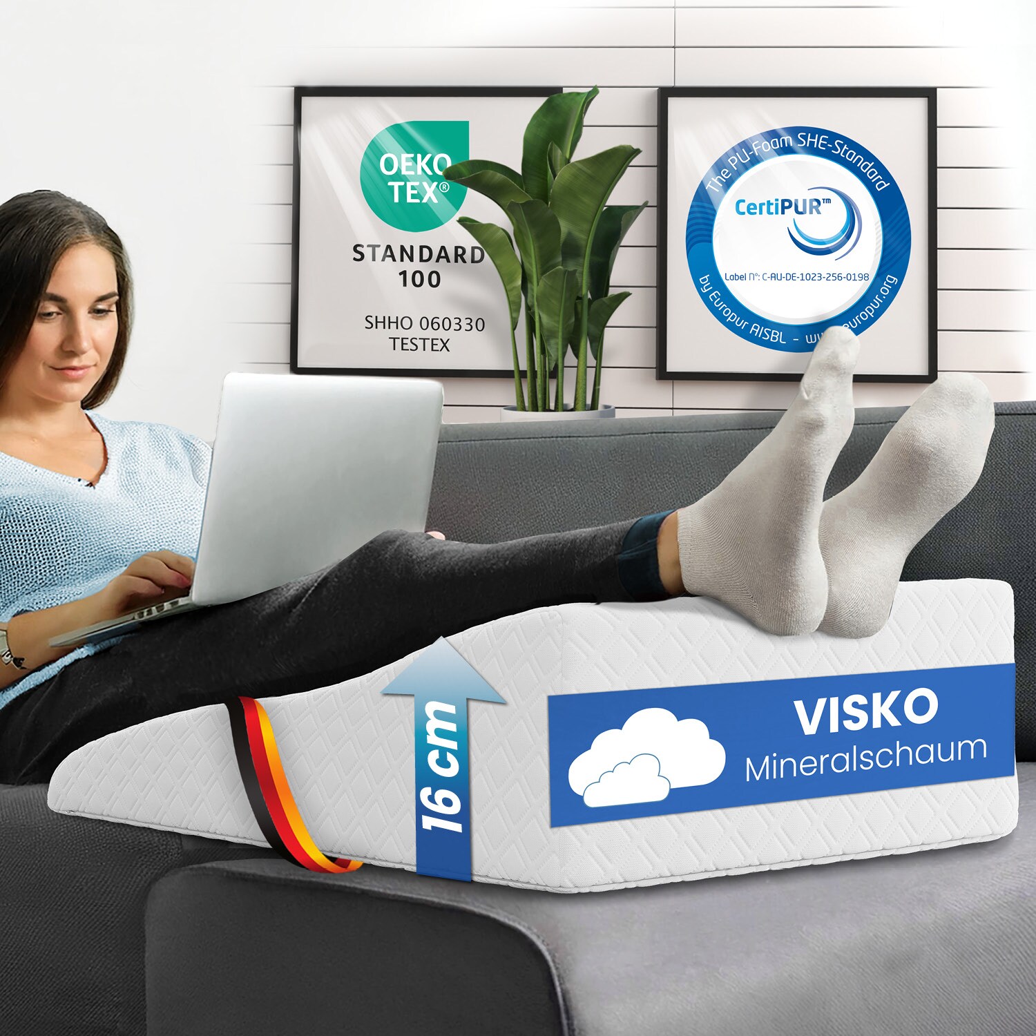 ELONEO Beinhochlagerungskissen aus Memory Foam, Beinkissen zur Entlastung, Lagerungskissen mit abnehmbaren Bezug, 68x40x16cm, weiß