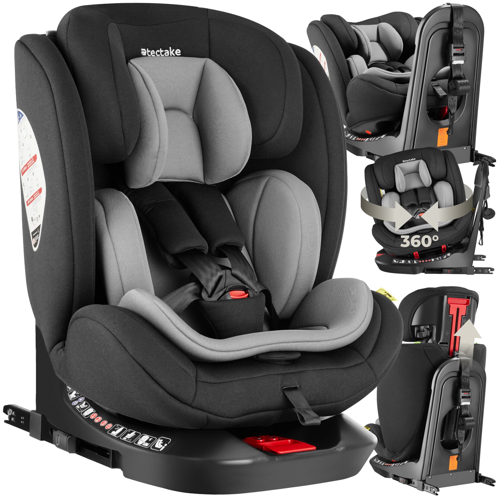 tectake® Drehbarer Autositz, i-Size Zulassung, ISOFIX-Installation und Top Tether, mit Seitenaufprallschutz, längenverstellbarer 5-Punkt-Gurt, höhenverstellbare Kopfstütze, ab Geburt bis 150 cm, Belastbarkeit 36 kg | 04061173262783