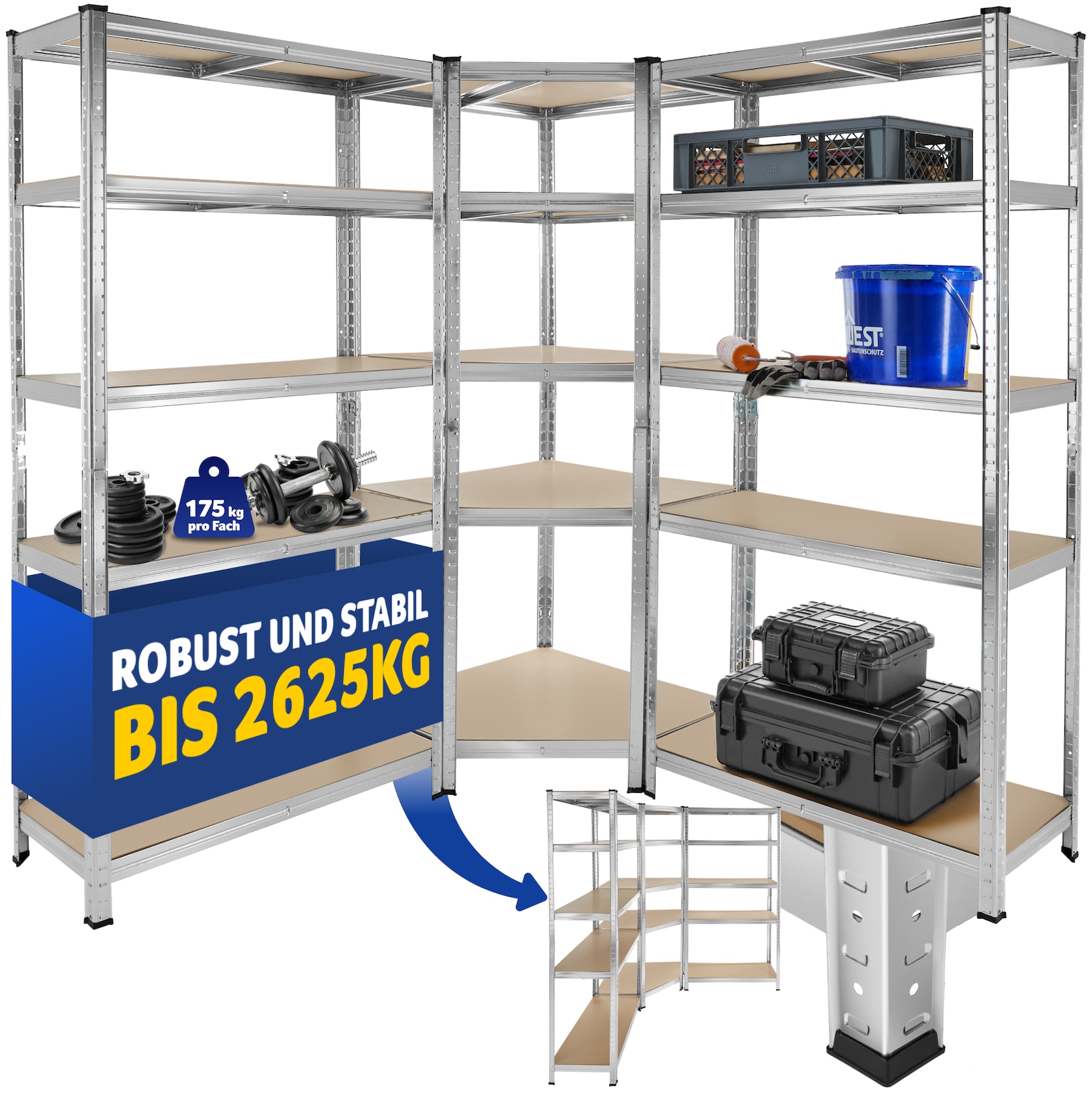 tectake® Schwerlastregalsystem, 3-teilig, 2 in 1 Verwendung als Werkbänke, 15 belastbare, höhenverstellbare MDF-Böden, Gesamtbelastbarkeit …