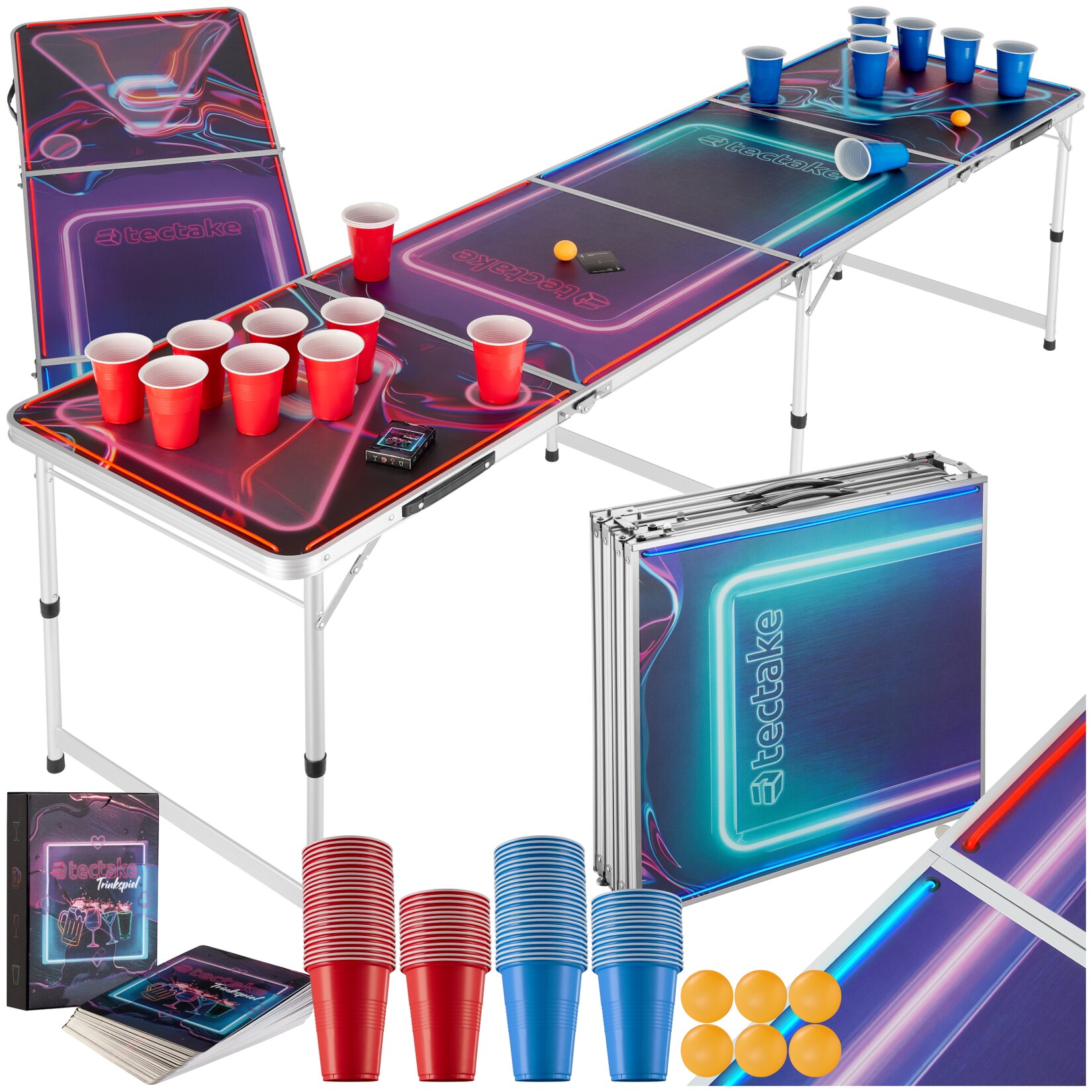 tectake® Aluminium Bierpongtisch, mit LED-Beleuchtung, bodenschonende Kunststofffüße, inklusive 100 Bechern, 6 Bällen und Kartentrinkspiel