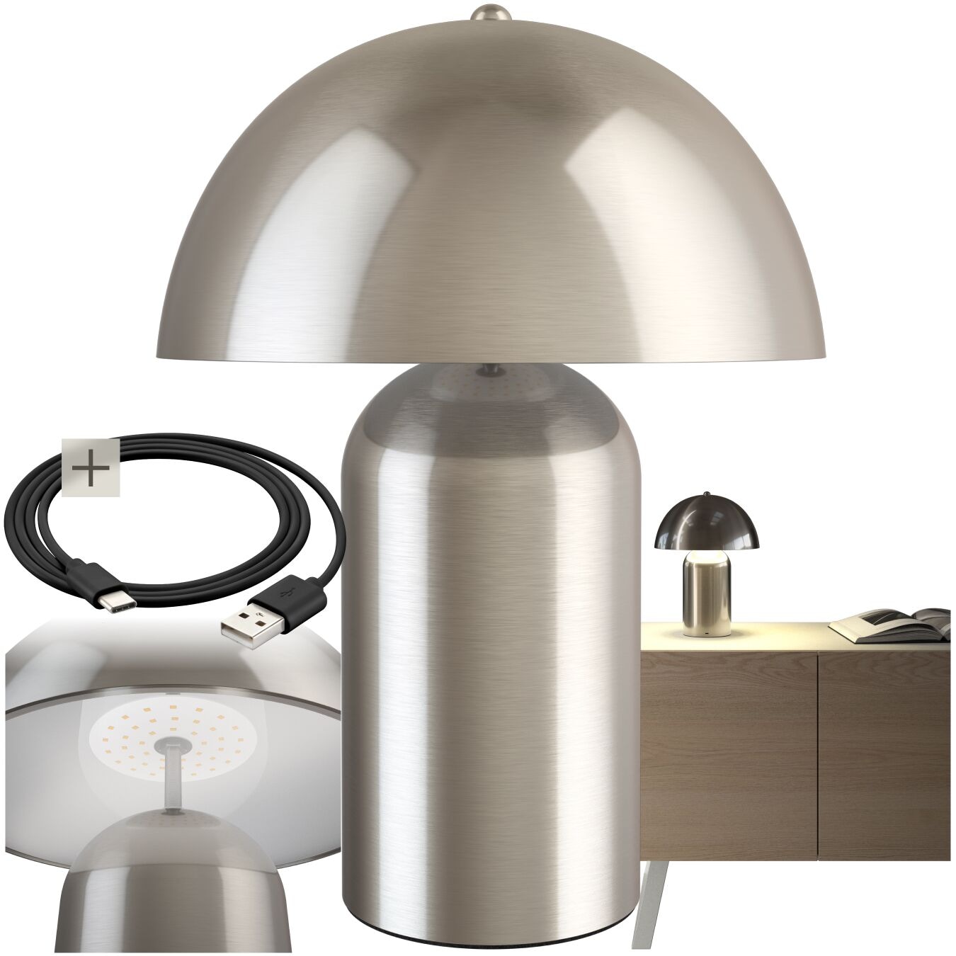 tectake® Akku-Tischlampe, Retro-Pilzdesign im 70er-Jahre-Stil, indirektes Licht, Touchschalter, inkl. Ladekabel, 25 x 34 cm