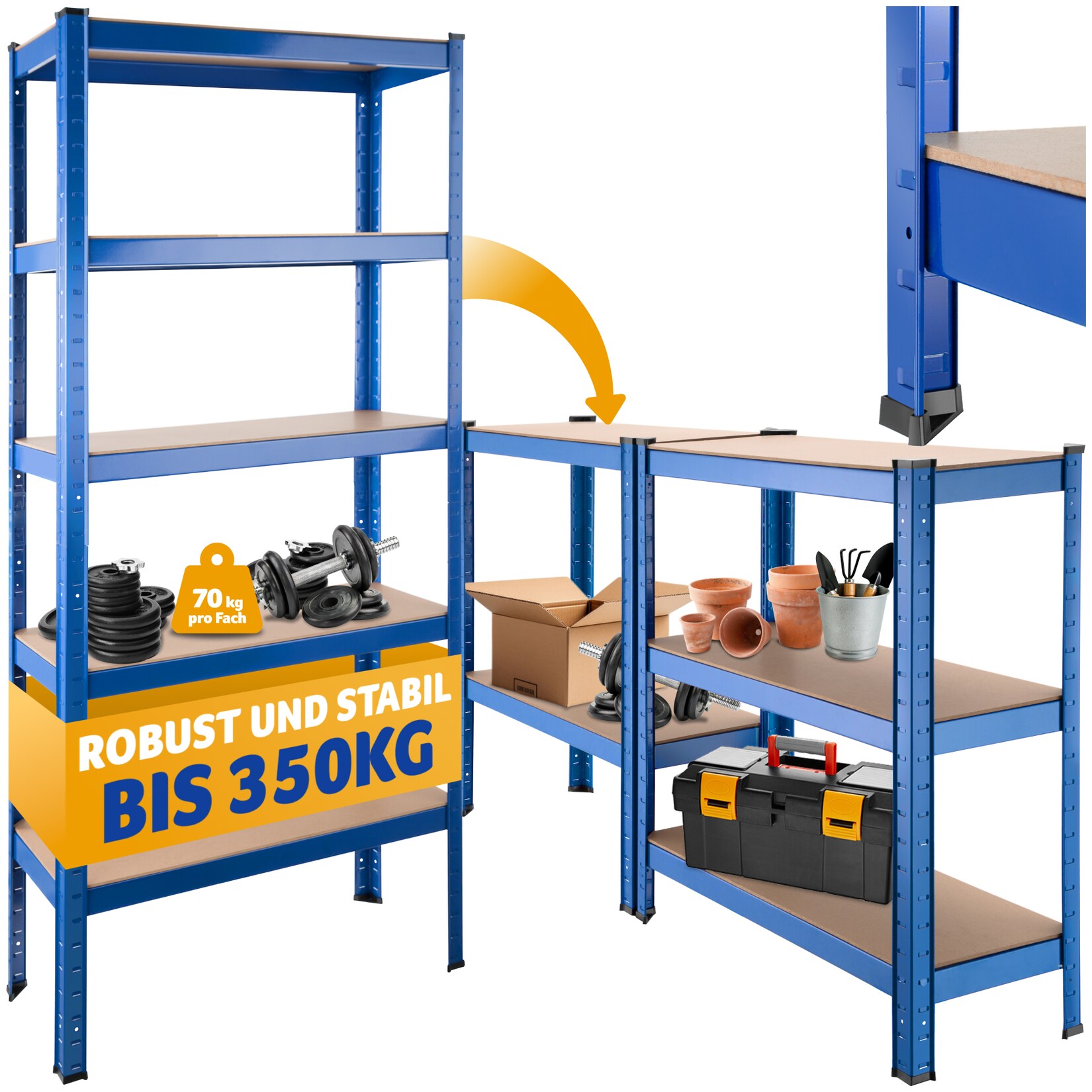 tectake® Schwerlastregal, mit 5 Böden, mit abgerundeten Kanten und bodenschonende Kunststoffkappen, 75,5 x 30,5 x 172 cm | 04061173256294