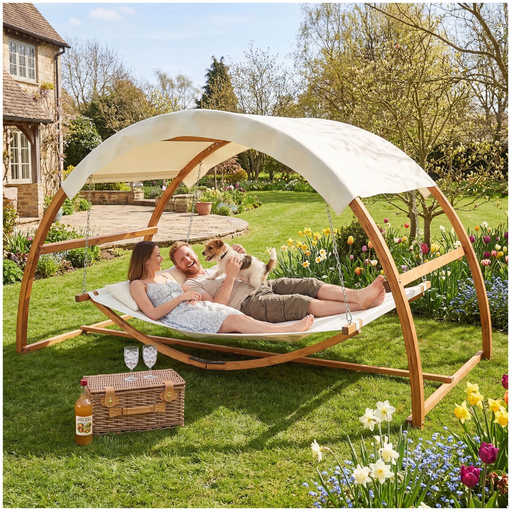 tectake® Hängematte, mit Holzgestell, für 2 Personen, für In- und Outdoor, Belastbarkeit 250 kg, 328 x 160 x 171,5 cm