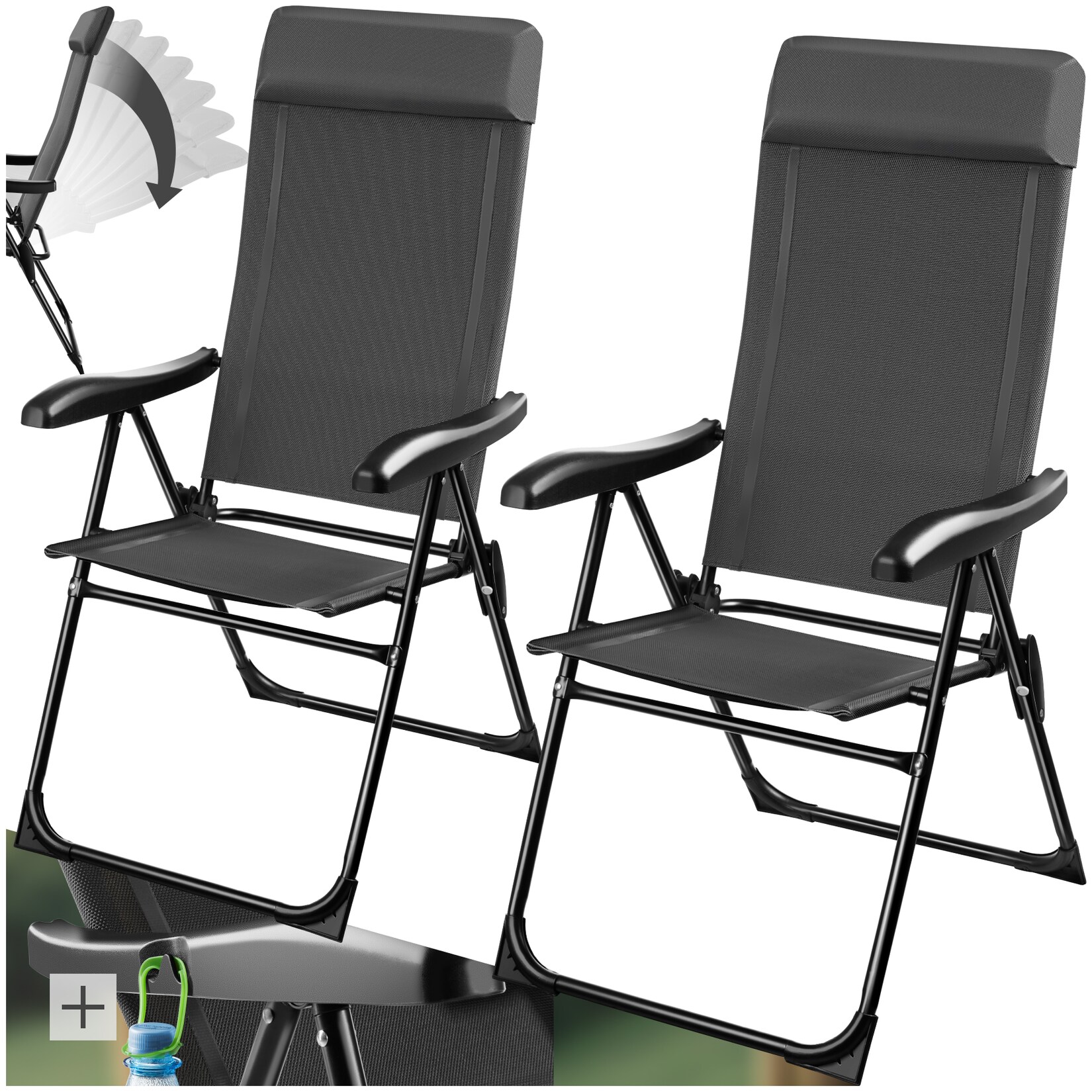tectake® Campingstuhl, klappbar, 7-fach verstellbare Rückenlehne mit Kopfpolster, Belastbarkeit 120 kg, 57 x 65 x 112 cm