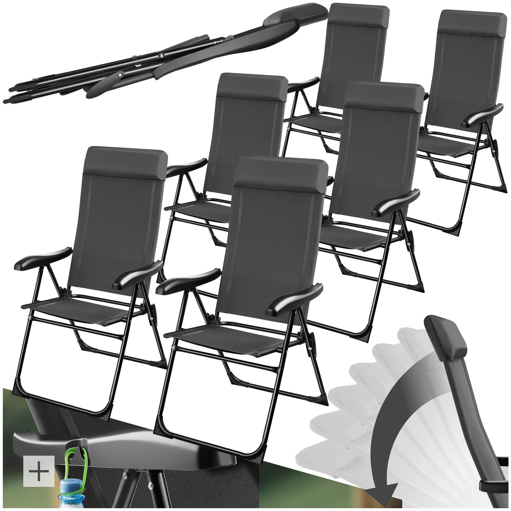 tectake® Campingstuhl, klappbar, 7-fach verstellbare Rückenlehne mit Kopfpolster, Belastbarkeit 120 kg, 57 x 65 x 112 cm