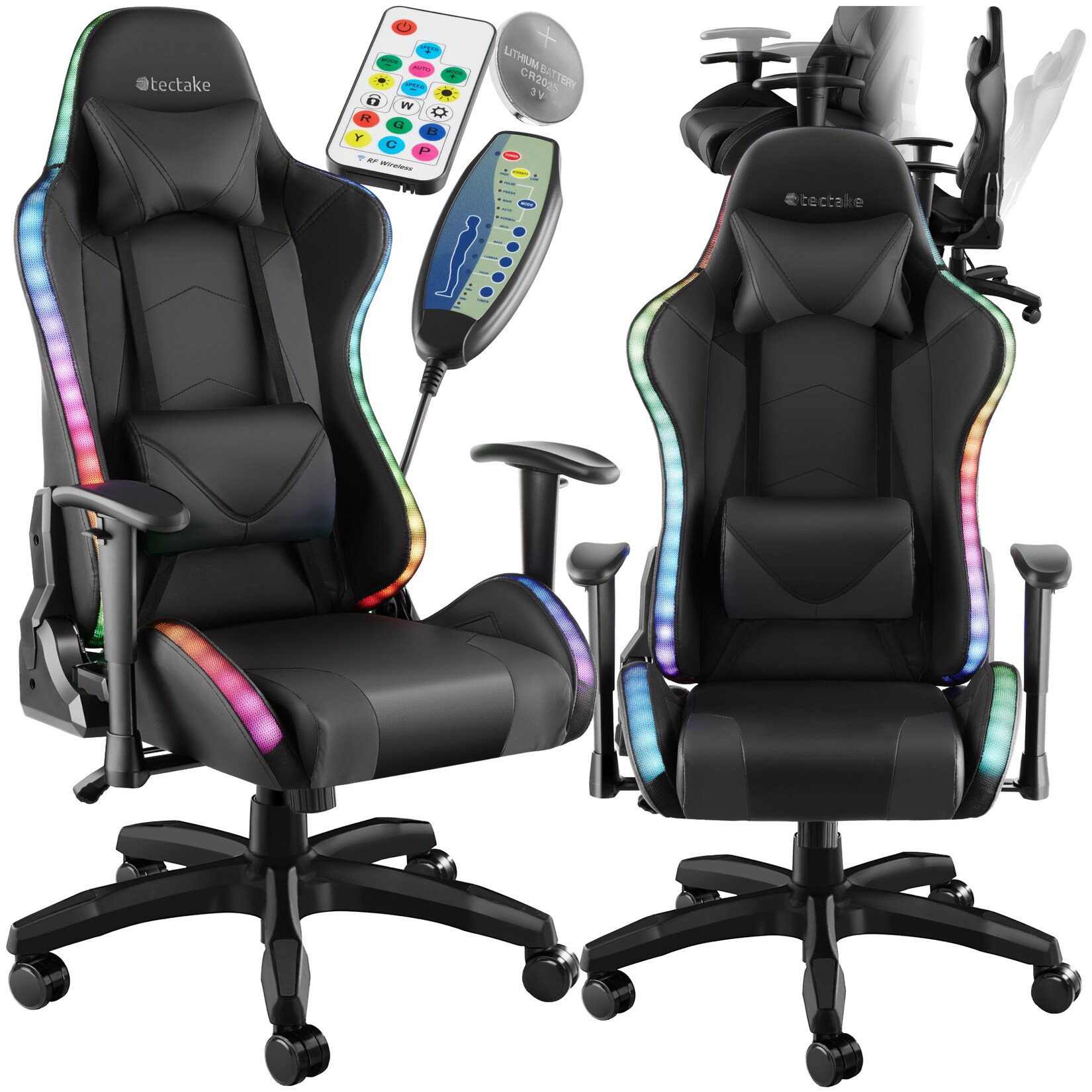 tectake® Gamingstuhl, ergonomische Form, mit verstellbarer Rückenlehne, Kunstlederbezug, abnehmbarer Nacken- und Lendenkissen, dicke Polsterung, Belastbarkeit 120 kg | 04061173262080