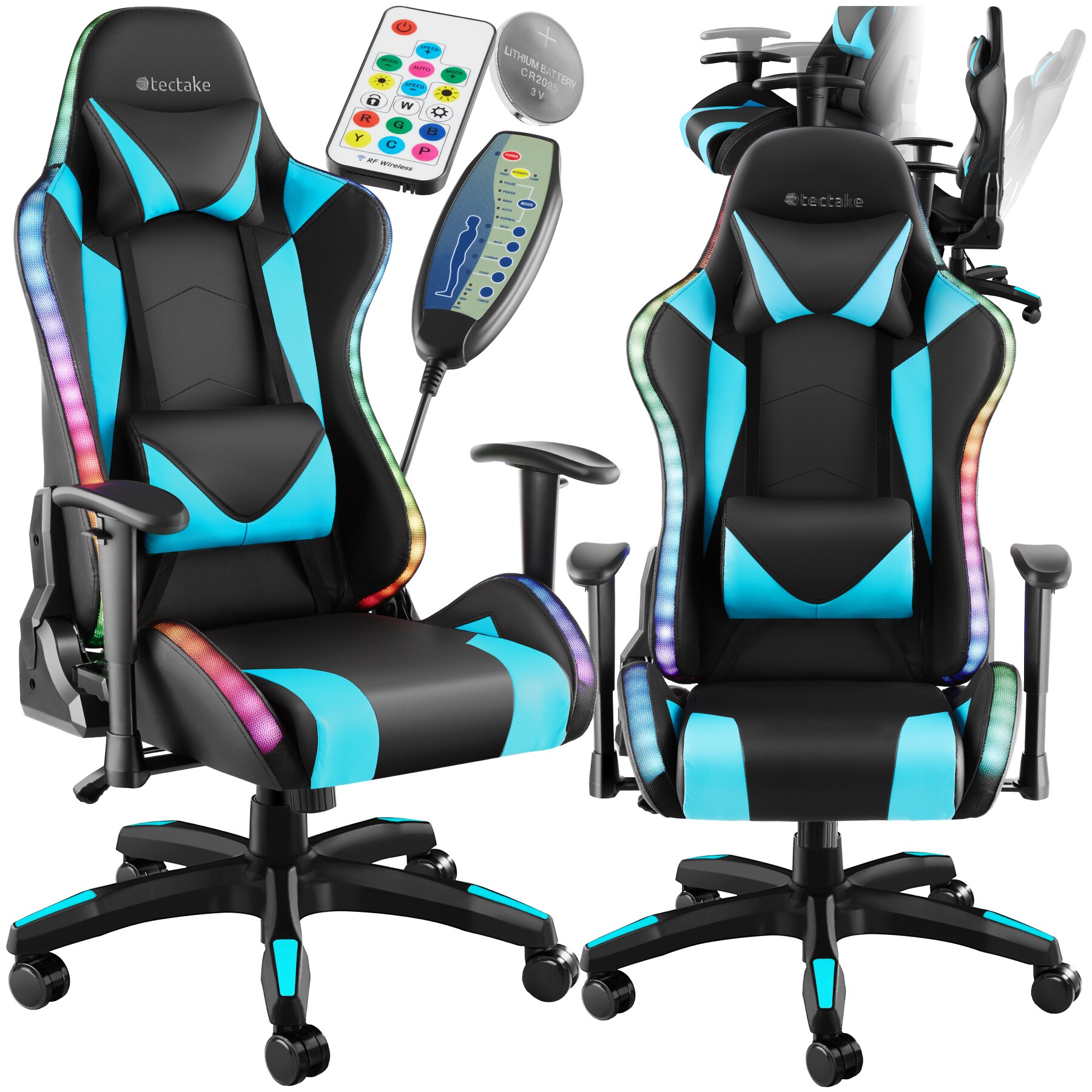 tectake&reg; Gamingstuhl, ergonomische Form, mit verstellbarer R&uuml;ckenlehne, Kunstlederbezug, abnehmbarer Nacken- und Lendenkissen, dicke Polsterung, Belastbarkeit 120 kg - Bild 1