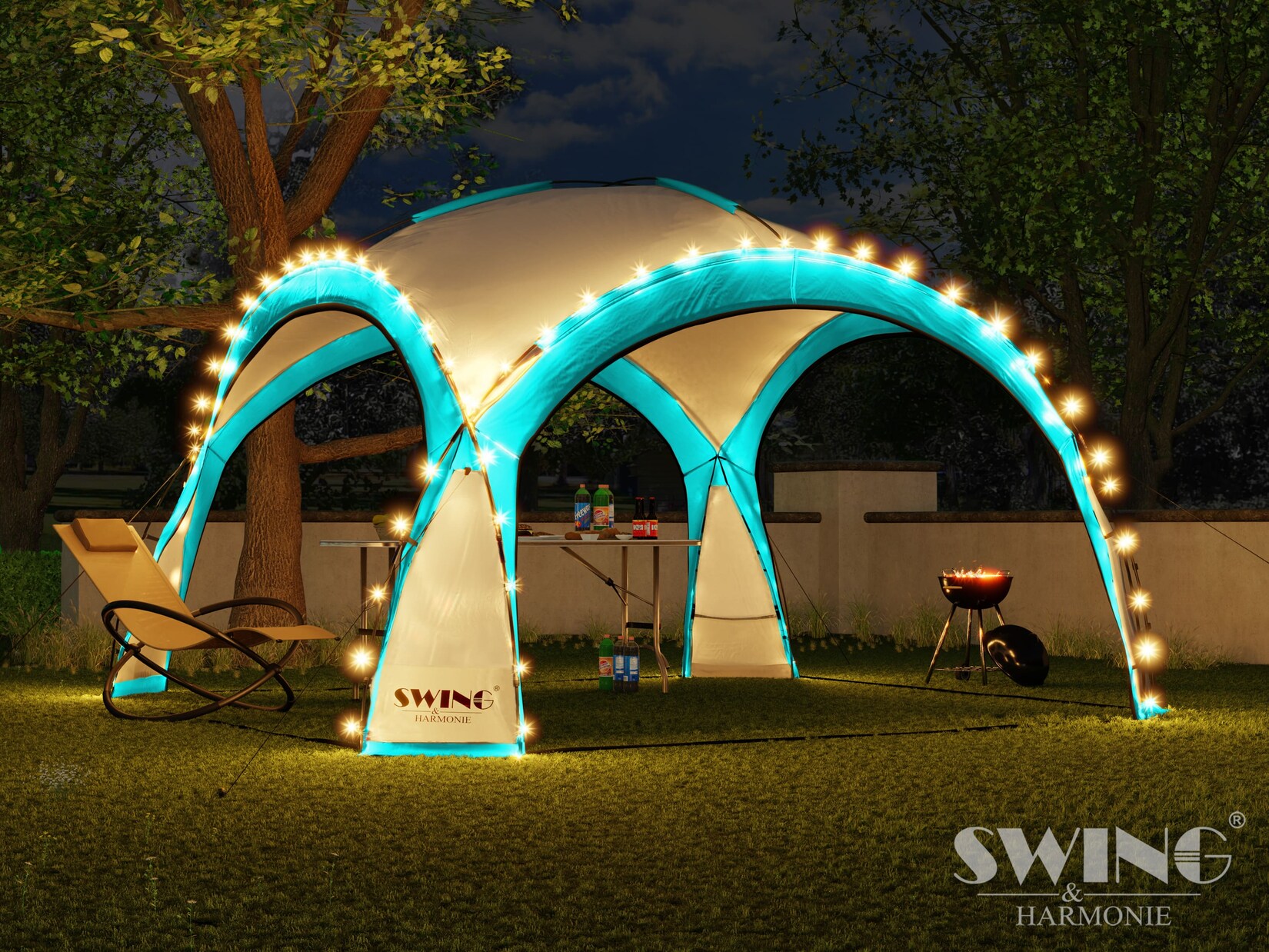 Swing&Harmonie® LED Event Pavillon XXL DomeShelter 450cm Garten inkl. Solarmodul Designer Gartenzelt Camping Partyzelt mit Beleuchtung – türkis | 04054748019073