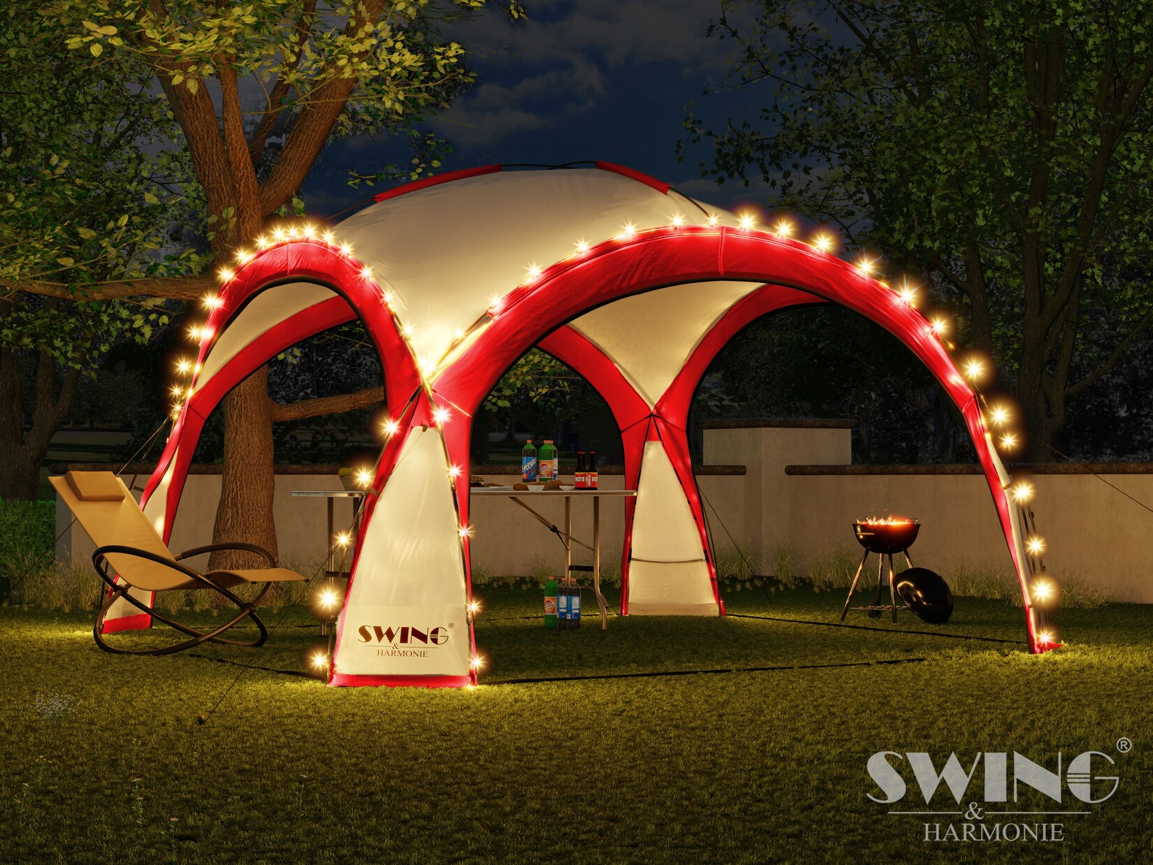 Swing&Harmonie® LED Event Pavillon XXL DomeShelter 450cm Garten inkl. Solarmodul Designer Gartenzelt Camping Partyzelt mit Beleuchtung - rot