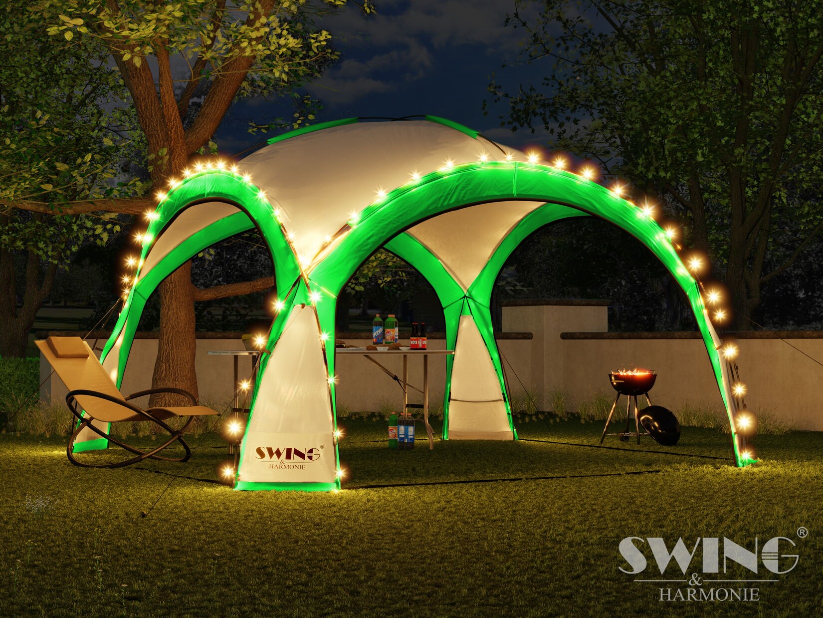 Swing&Harmonie® LED Event Pavillon XXL DomeShelter 450cm Garten inkl. Solarmodul Designer Gartenzelt Camping Partyzelt mit Beleuchtung - grün