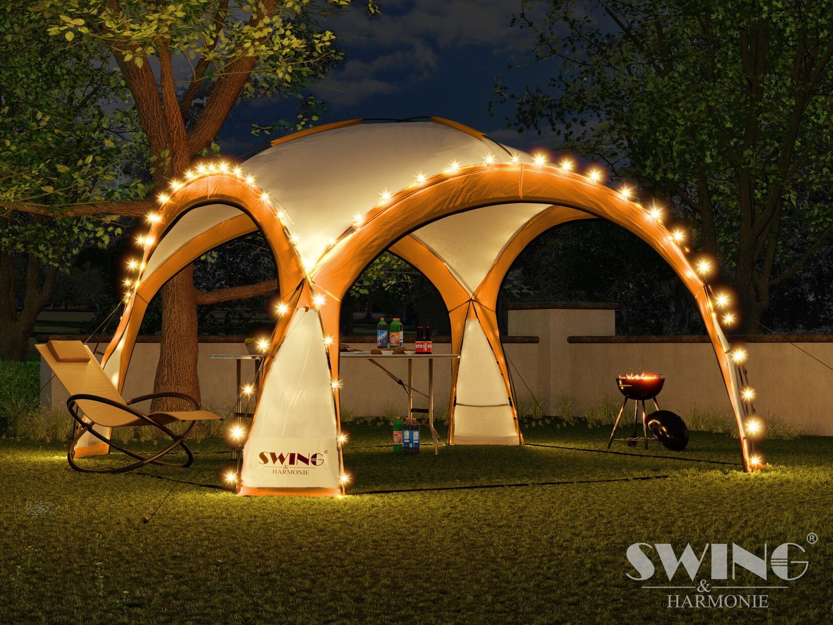 Swing&Harmonie® LED Event Pavillon XXL DomeShelter 450cm Garten inkl. Solarmodul Designer Gartenzelt Camping Partyzelt mit Beleuchtung - orange