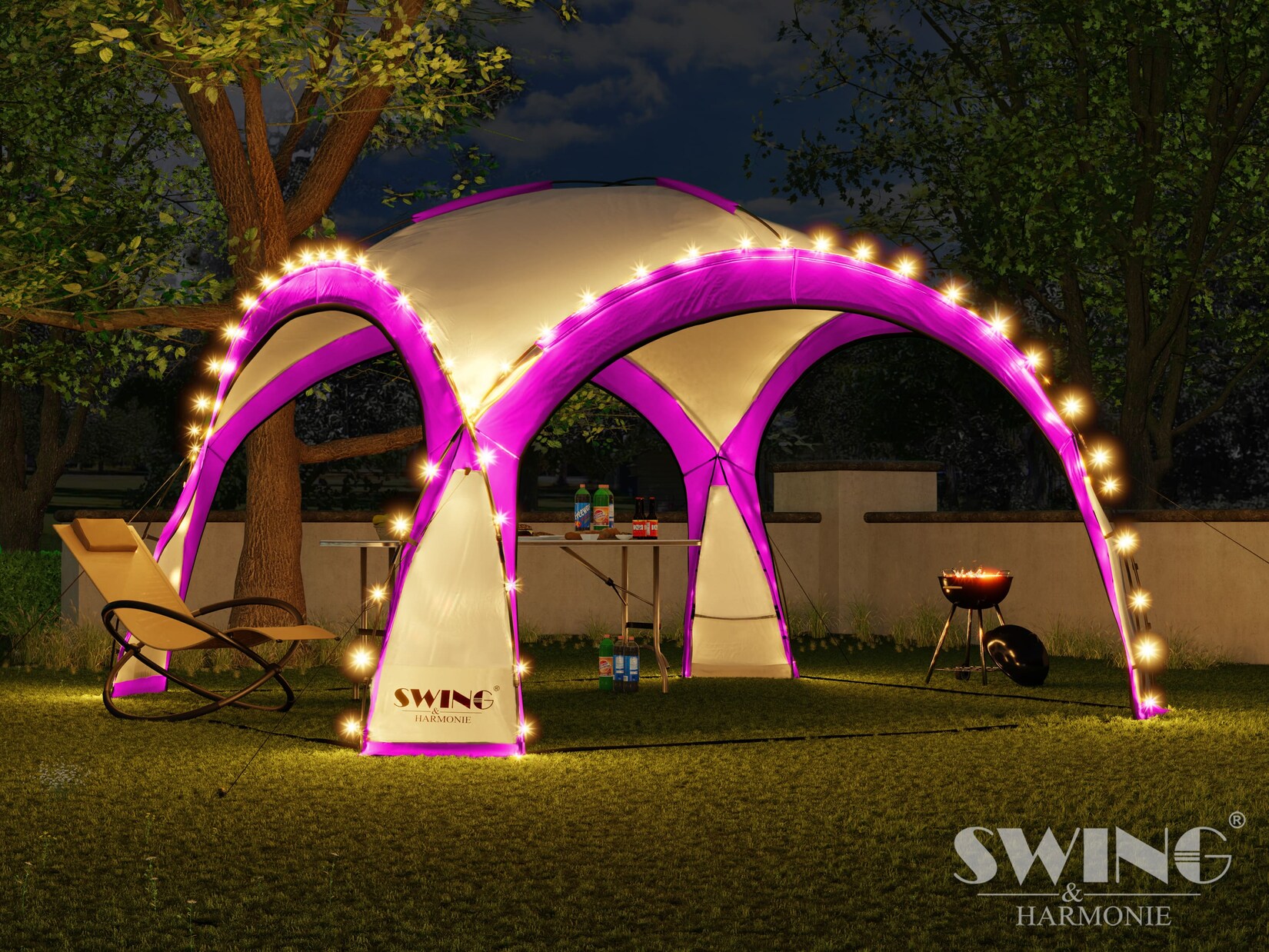 Swing&Harmonie® LED Event Pavillon XXL DomeShelter 450cm Garten inkl. Solarmodul Designer Gartenzelt Camping Partyzelt mit Beleuchtung - pink