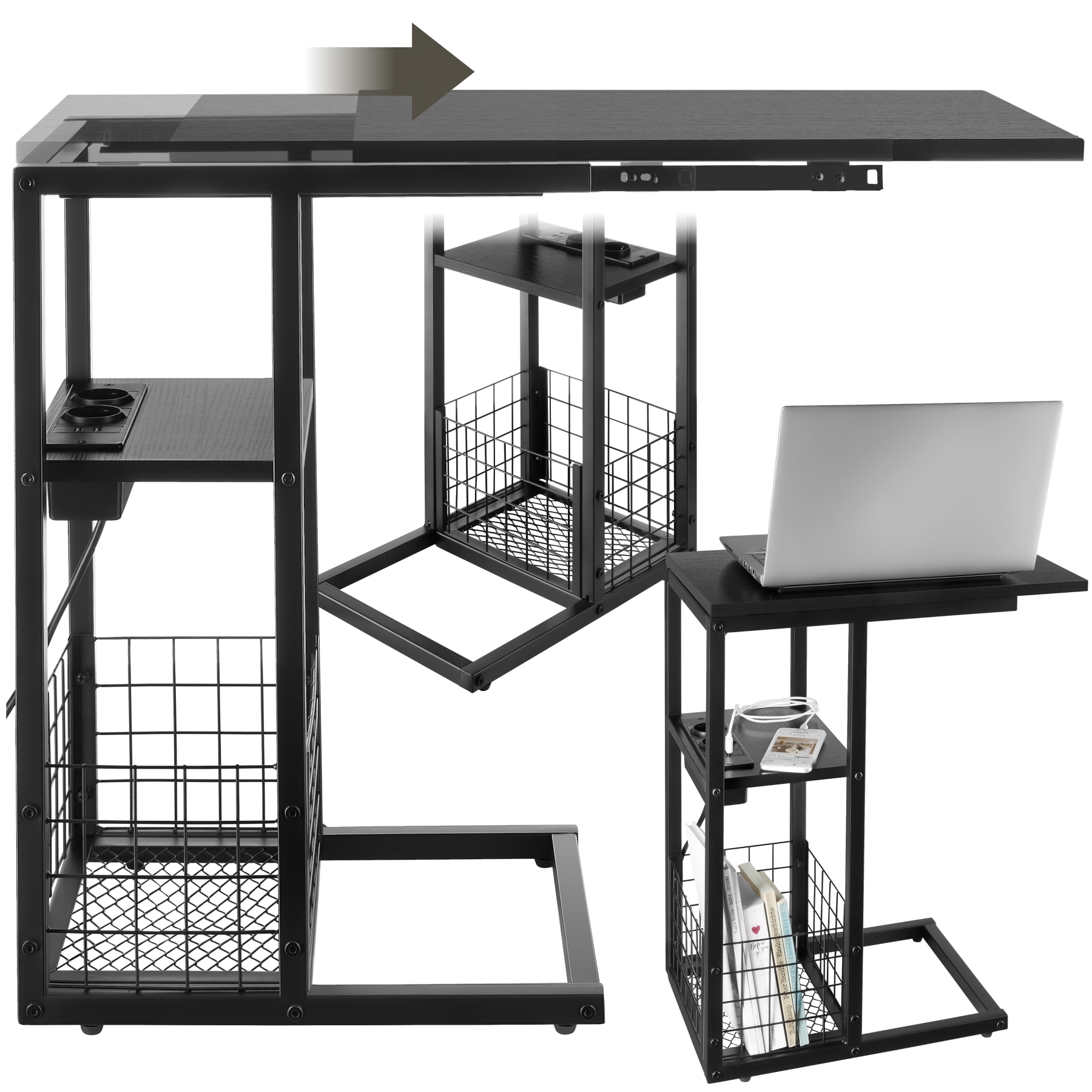 tectake&reg; Laptop-Beistelltisch, integrierte Ladestation mit USB- und AC-Anschluss, verschiebbare Tischplatte, in praktischer C-Form, 2 zus&auml;tzliche Ablagen, 50 - 73 x 30 x 61,5 cm - Bild 1