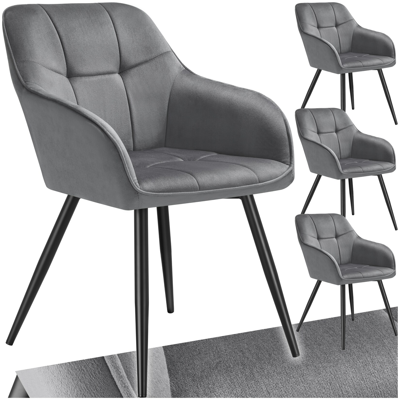 tectake® Esszimmerstuhl, gepolstert, in Samtoptik, gesteppt, schlanke Stahlbeine, 58 x 62 x 82 cm