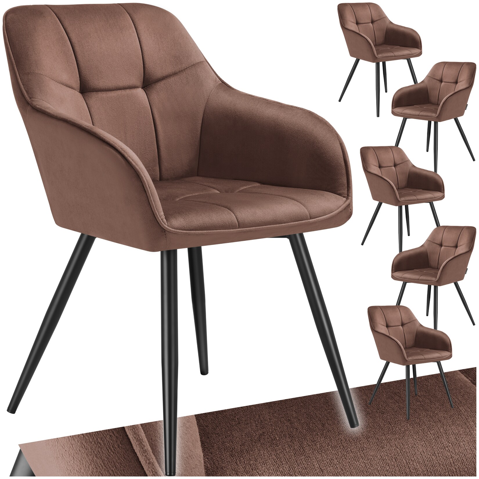 tectake® Esszimmerstuhl, gepolstert, in Samtoptik, gesteppt, schlanke Stahlbeine, 58 x 62 x 82 cm