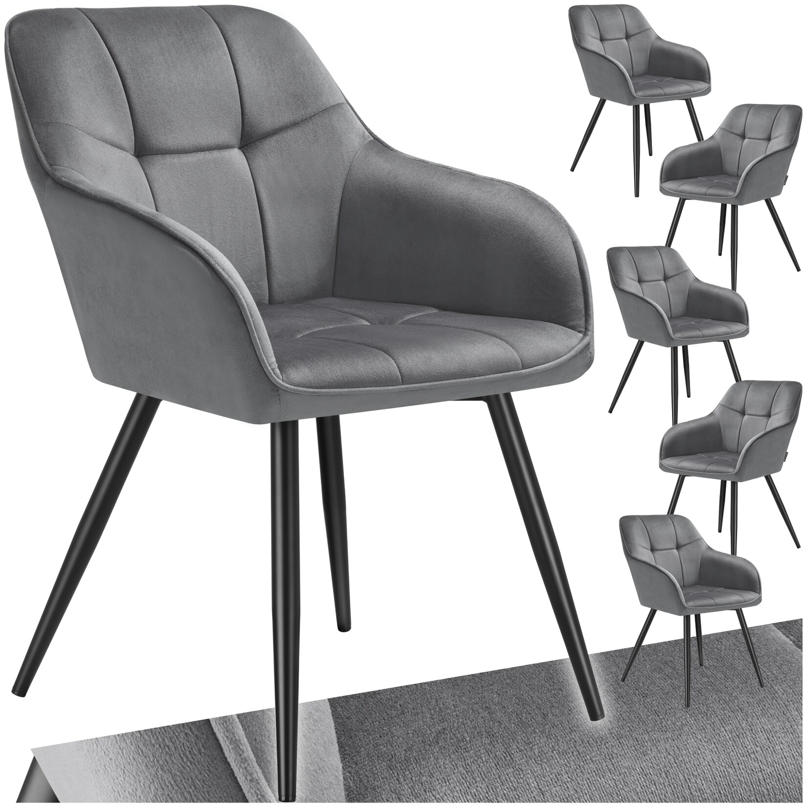 tectake® Esszimmerstuhl, gepolstert, in Samtoptik, gesteppt, schlanke Stahlbeine, 58 x 62 x 82 cm