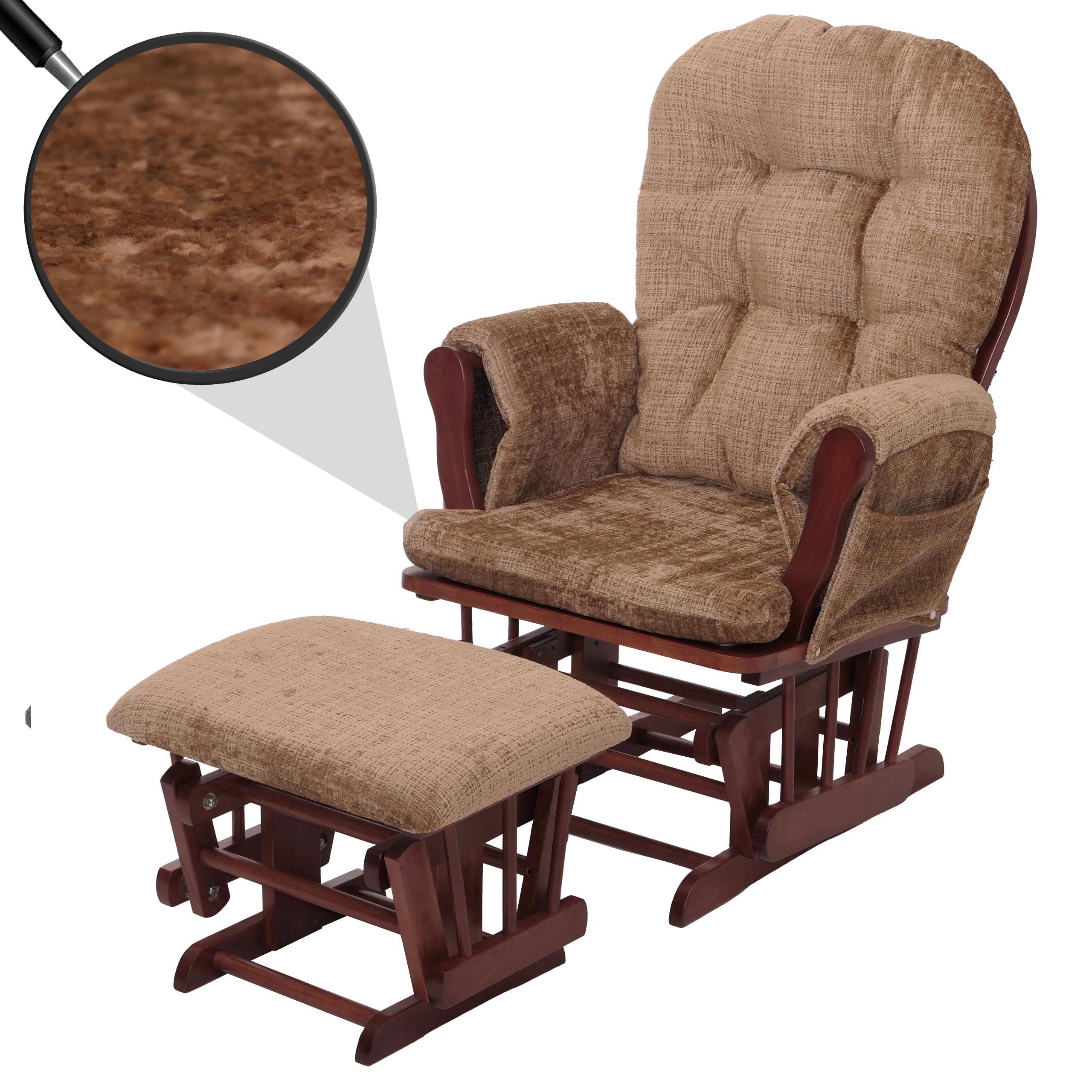 Relaxsessel MCW-C76, Schaukelstuhl Schwingstuhl mit Hocker Stoff Chenille (465g/m&sup2;) &Ouml;ko-Tex ~ hellbraun, Gestell dunkel - Bild 1