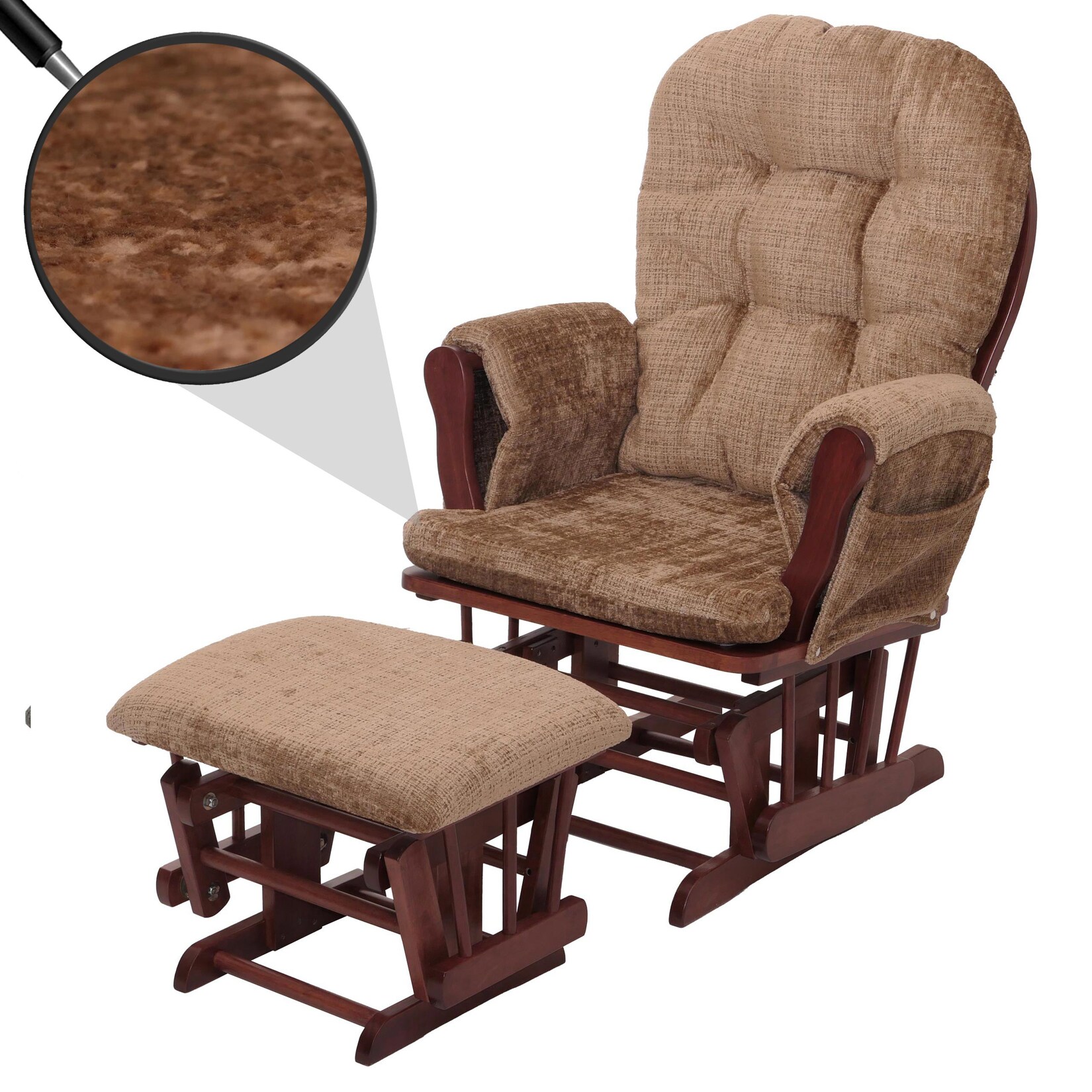 Relaxsessel MCW-C76, Schaukelstuhl Schwingstuhl mit Hocker Stoff Chenille (465g/m²) Öko-Tex ~ hellbraun, Gestell dunkel