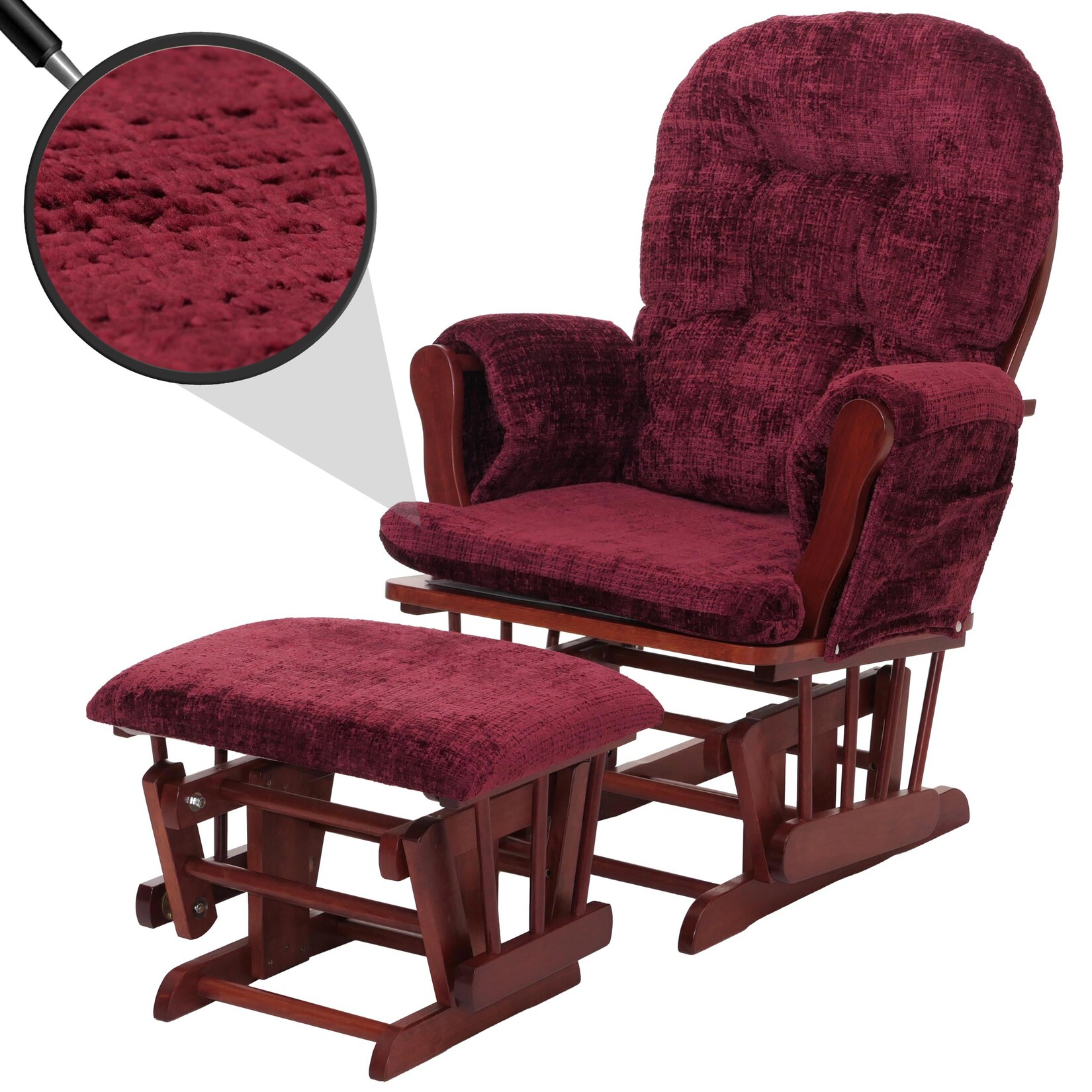 Relaxsessel MCW-C76, Schaukelstuhl Schwingstuhl mit Hocker Stoff Chenille (465g/m²) Öko-Tex ~ bordeaux, Gestell dunkel