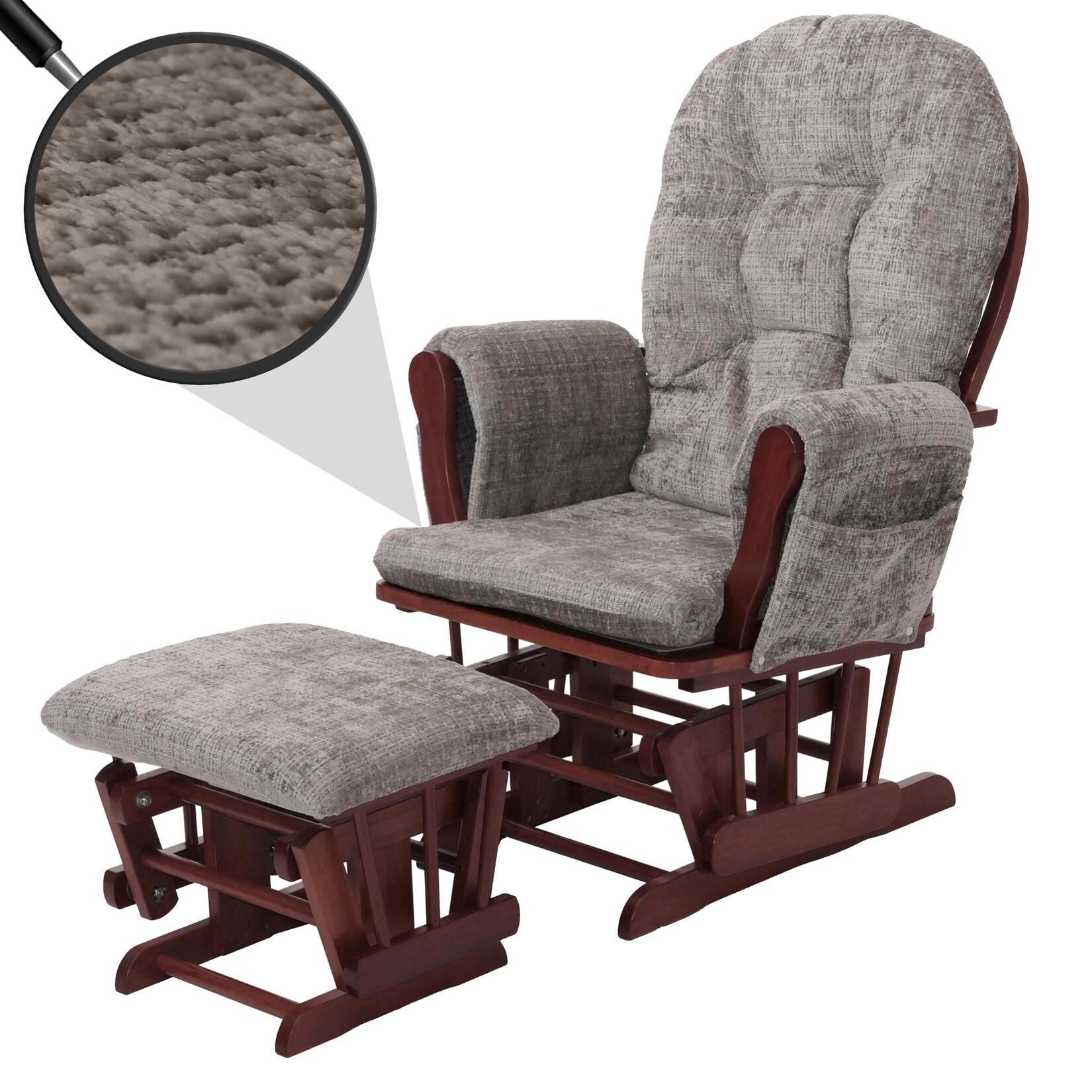 Relaxsessel MCW-C76, Schaukelstuhl Schwingstuhl mit Hocker Stoff Chenille (465g/m²) Öko-Tex ~ hellgrau, Gestell dunkel