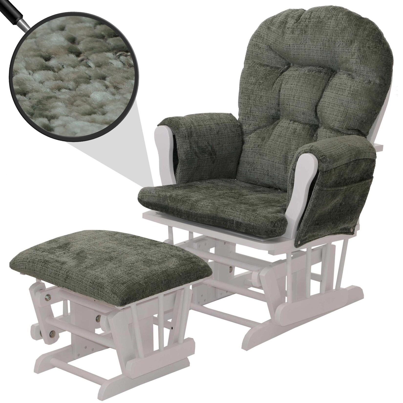 Relaxsessel MCW-C76, Schaukelstuhl Schwingstuhl mit Hocker Stoff Chenille (465g/m²) Öko-Tex ~ grün, Gestell weiß