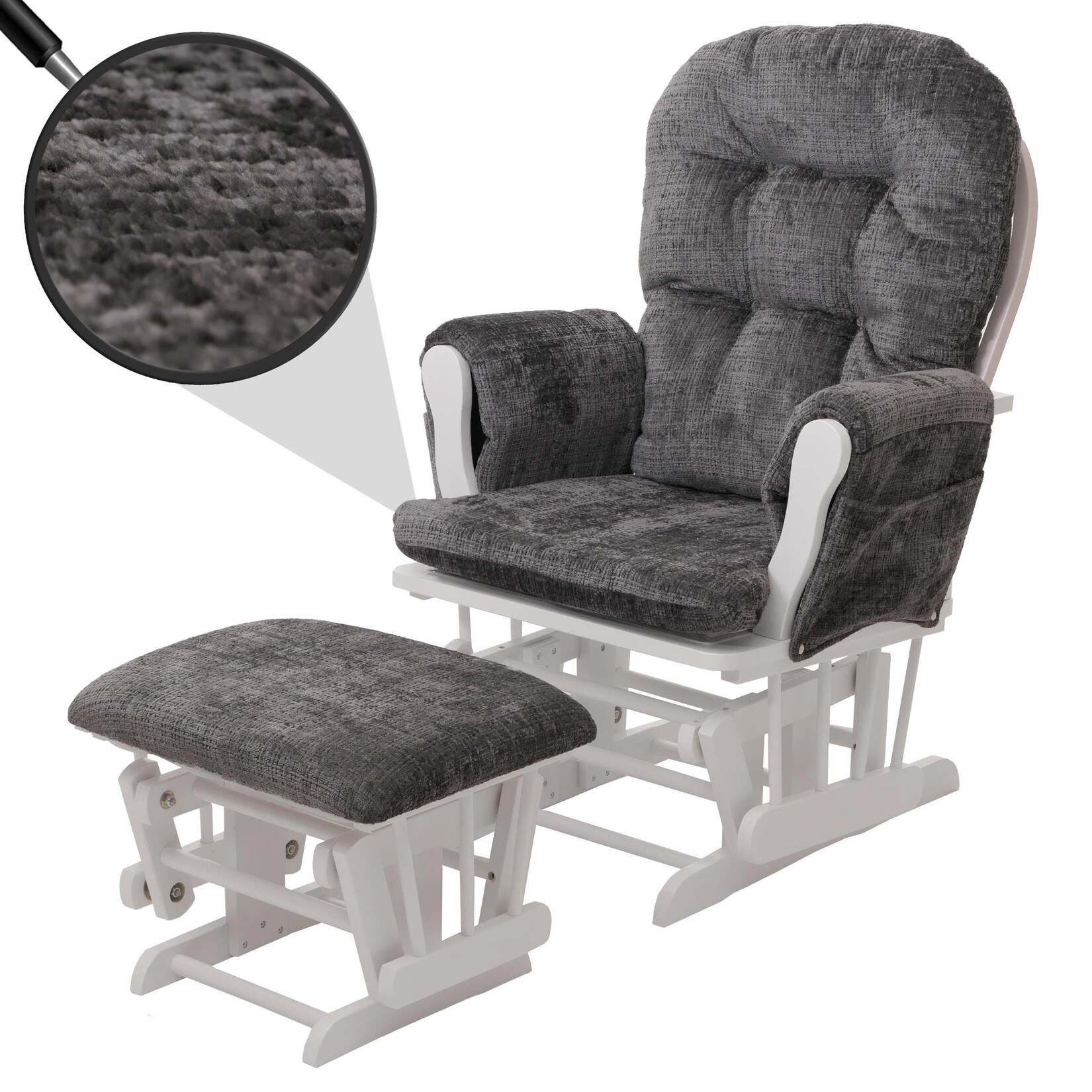 Relaxsessel MCW-C76, Schaukelstuhl Schwingstuhl mit Hocker Stoff Chenille (465g/m²) Öko-Tex ~ dunkelgrau, Gestell weiß