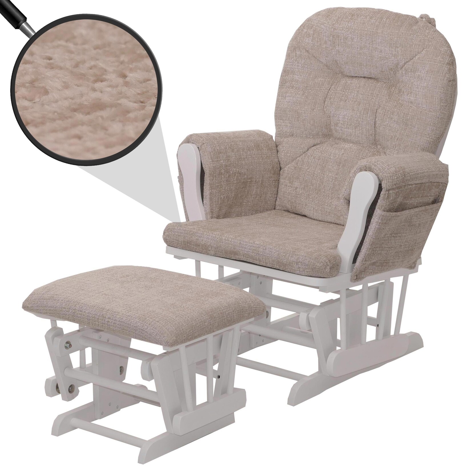 Relaxsessel MCW-C76, Schaukelstuhl Schwingstuhl mit Hocker Stoff Chenille (465g/m²) Öko-Tex ~ creme, Gestell weiß