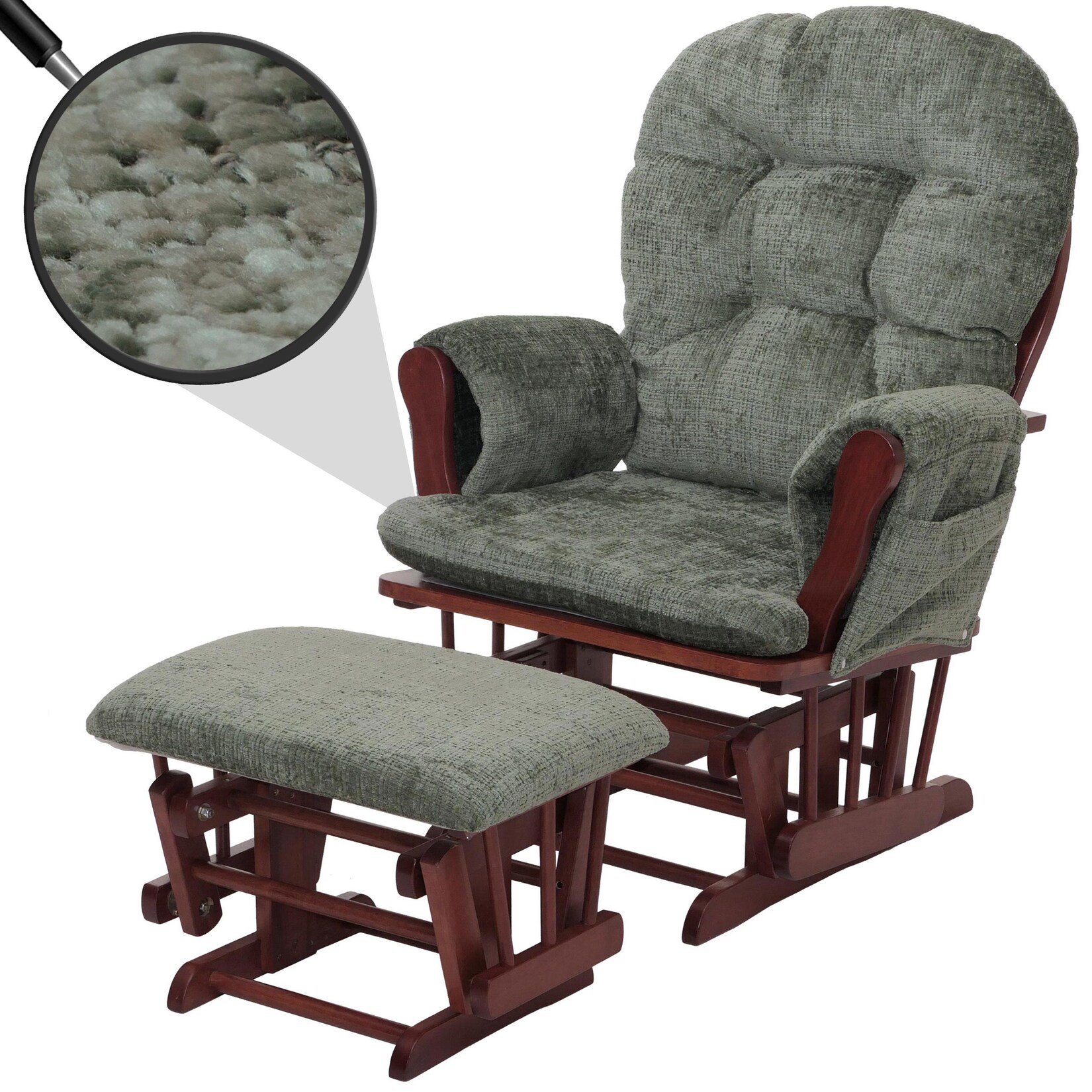 Relaxsessel MCW-C76, Schaukelstuhl Schwingstuhl mit Hocker Stoff Chenille (465g/m²) Öko-Tex ~ grün, Gestell dunkel