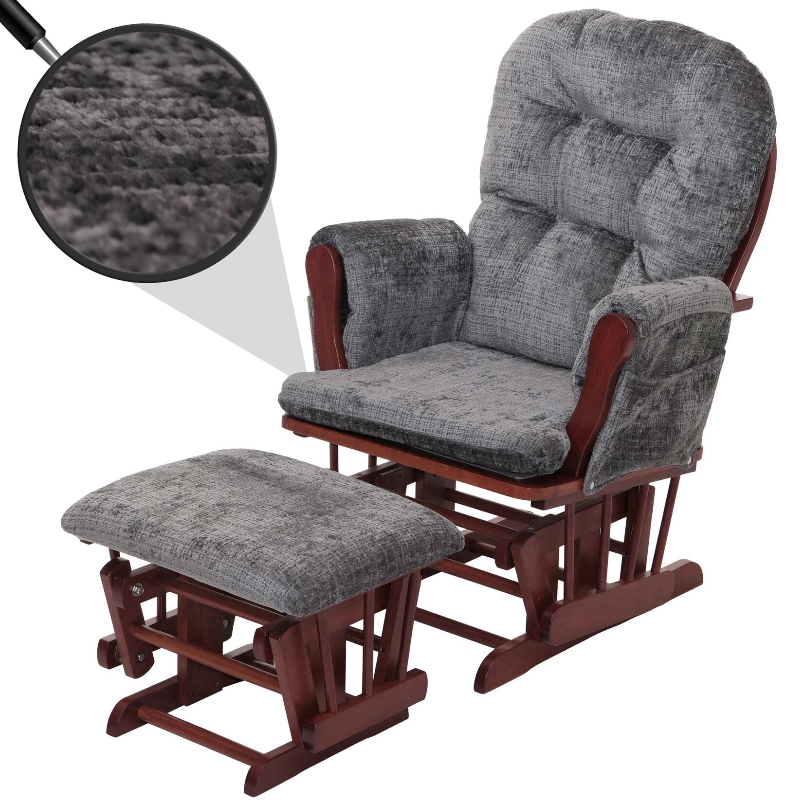 Relaxsessel MCW-C76, Schaukelstuhl Schwingstuhl mit Hocker Stoff Chenille (465g/m²) Öko-Tex ~ dunkelgrau, Gestell dunkel