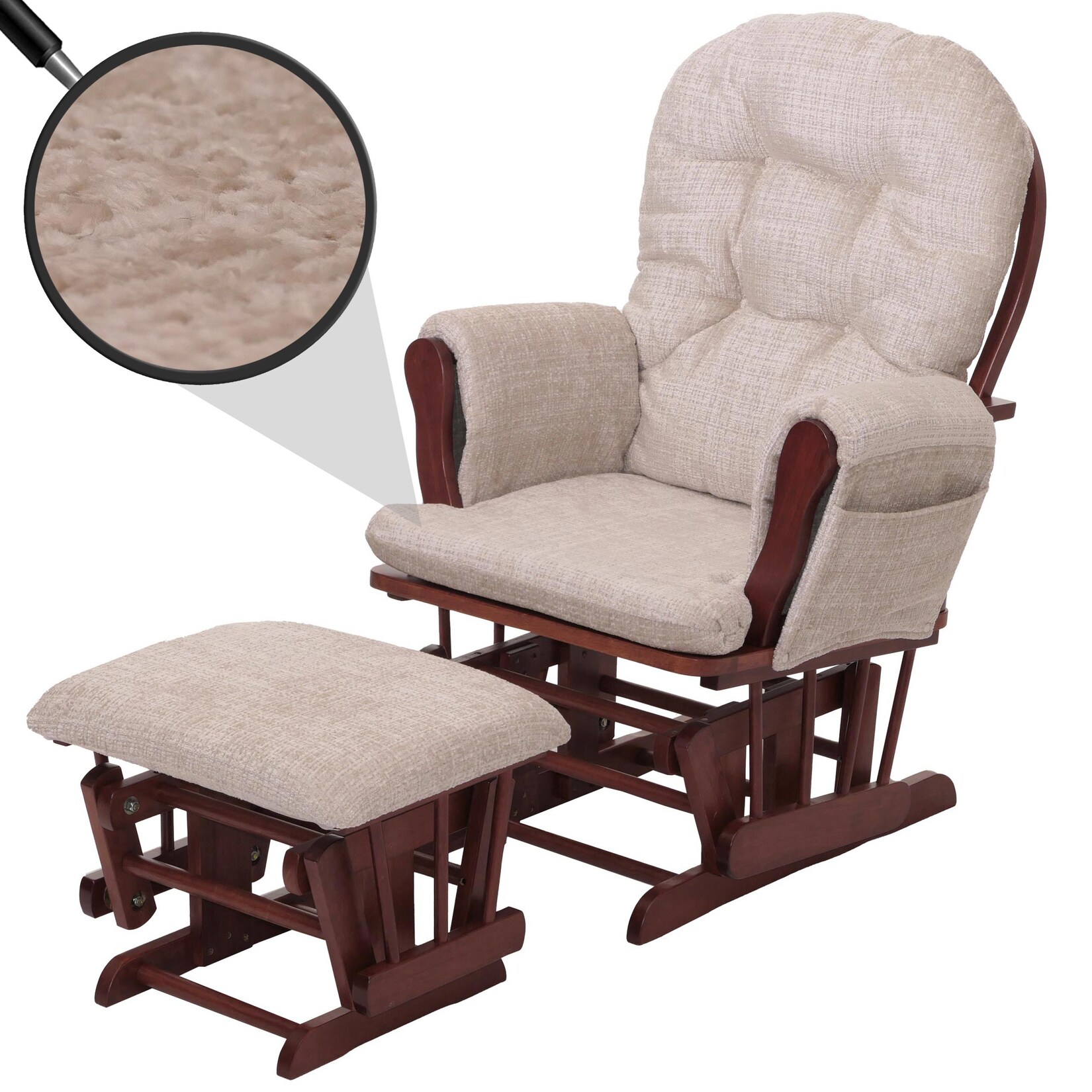 Relaxsessel MCW-C76, Schaukelstuhl Schwingstuhl mit Hocker Stoff Chenille (465g/m²) Öko-Tex ~ creme, Gestell dunkel