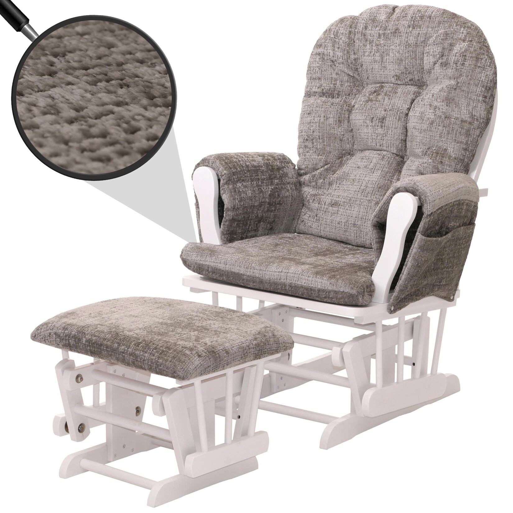 Relaxsessel MCW-C76, Schaukelstuhl Schwingstuhl mit Hocker Stoff Chenille (465g/m²) Öko-Tex ~ hellgrau, Gestell weiß