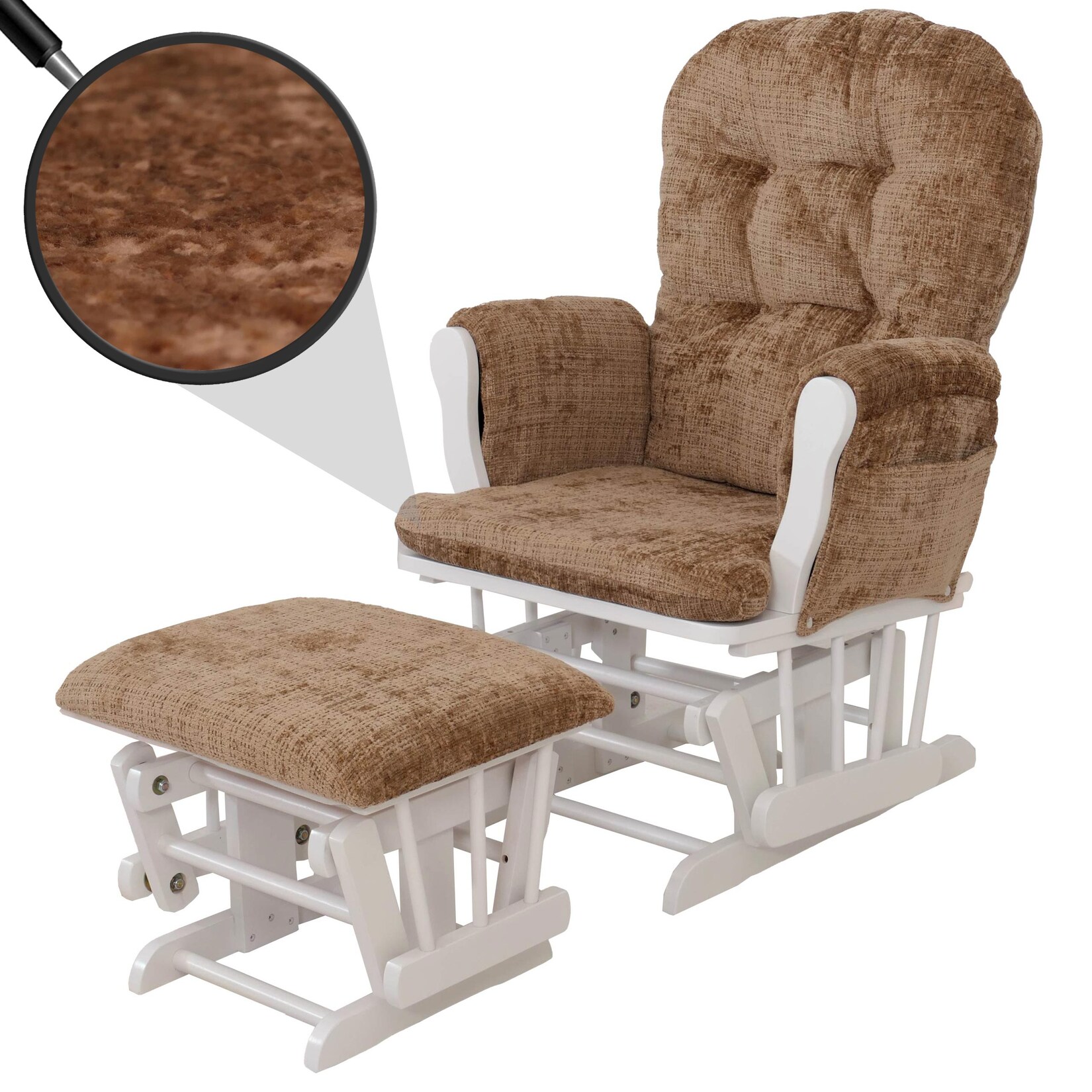 Relaxsessel MCW-C76, Schaukelstuhl Schwingstuhl mit Hocker Stoff Chenille (465g/m²) Öko-Tex ~ hellbraun, Gestell weiß