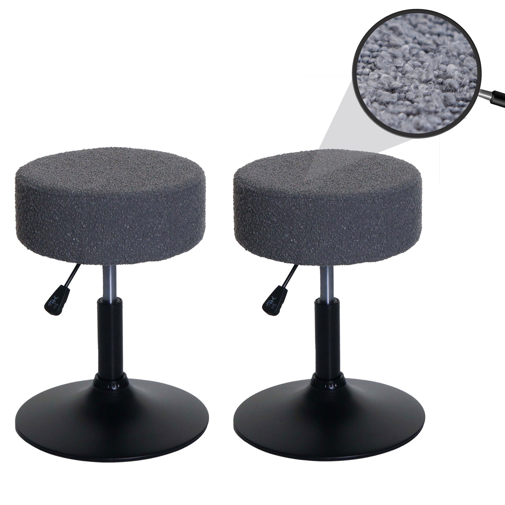 2er-Set Hocker MCW-C22, Sitzhocker Schminkhocker, höhenverstellbar drehbar Ø 37cm Stoff Bouclé 450g/m² MVG ~ dunkelgrau