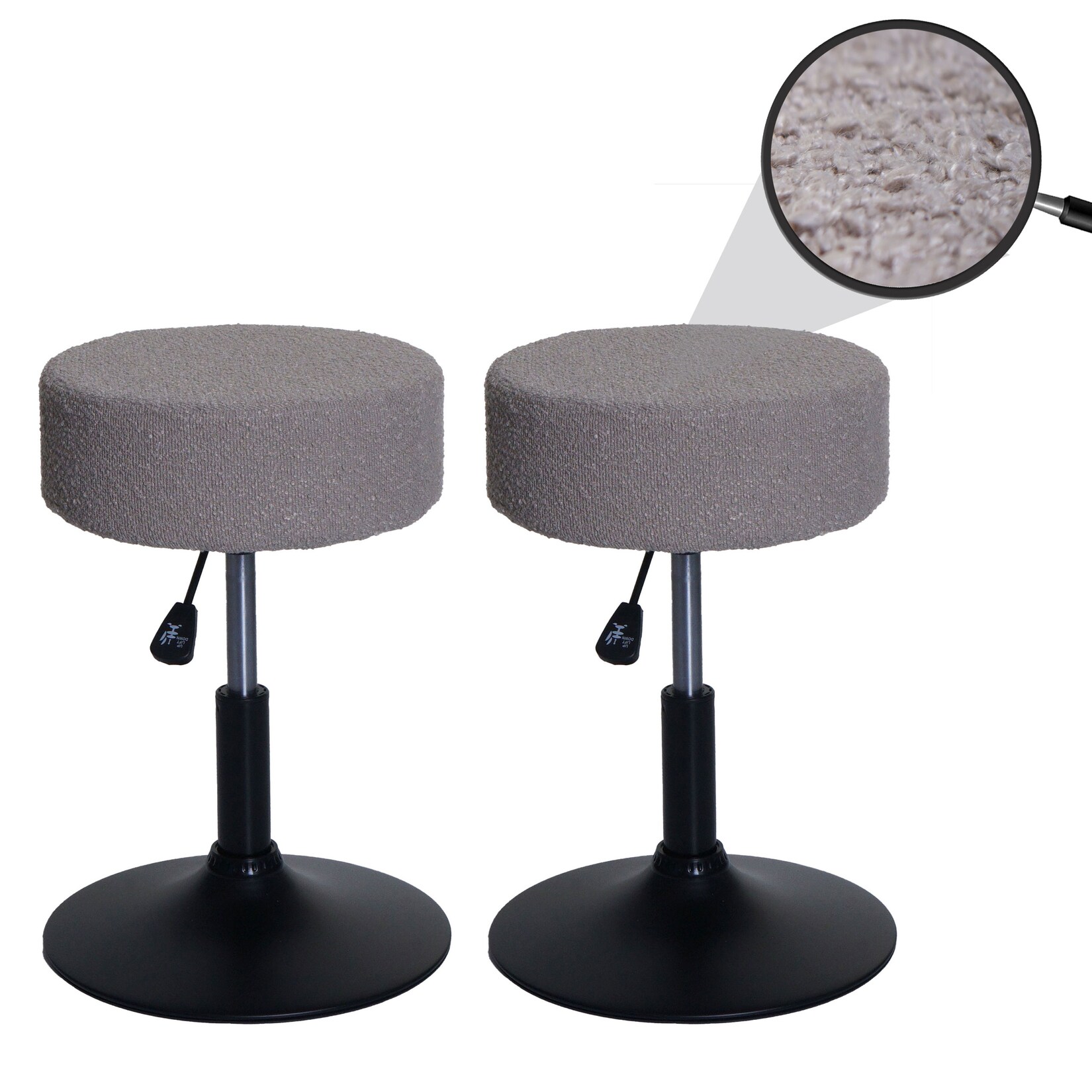 2er-Set Hocker MCW-C22, Sitzhocker Schminkhocker, höhenverstellbar drehbar Ø 37cm Stoff Bouclé 450g/m² MVG ~ taupe