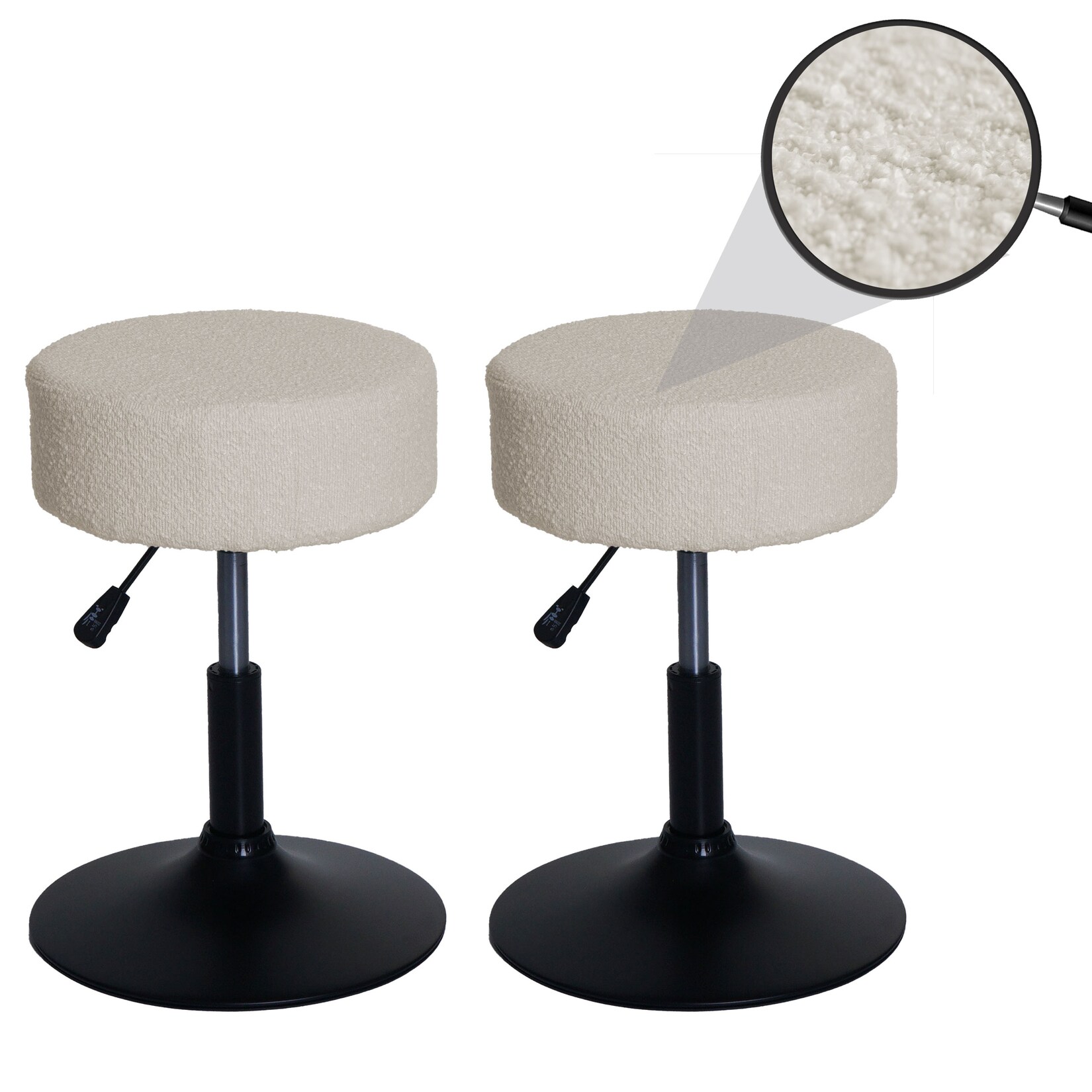 2er-Set Hocker MCW-C22, Sitzhocker Schminkhocker, höhenverstellbar drehbar Ø 37cm Stoff Bouclé 450g/m² MVG ~ creme-weiß