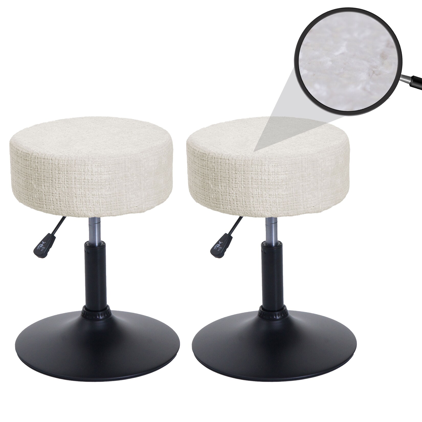 2er-Set Hocker MCW-C22, Sitzhocker, höhenverstellbar drehbar Ø 37cm Stoff Chenille (465g/m²) MVG ~ creme-weiß