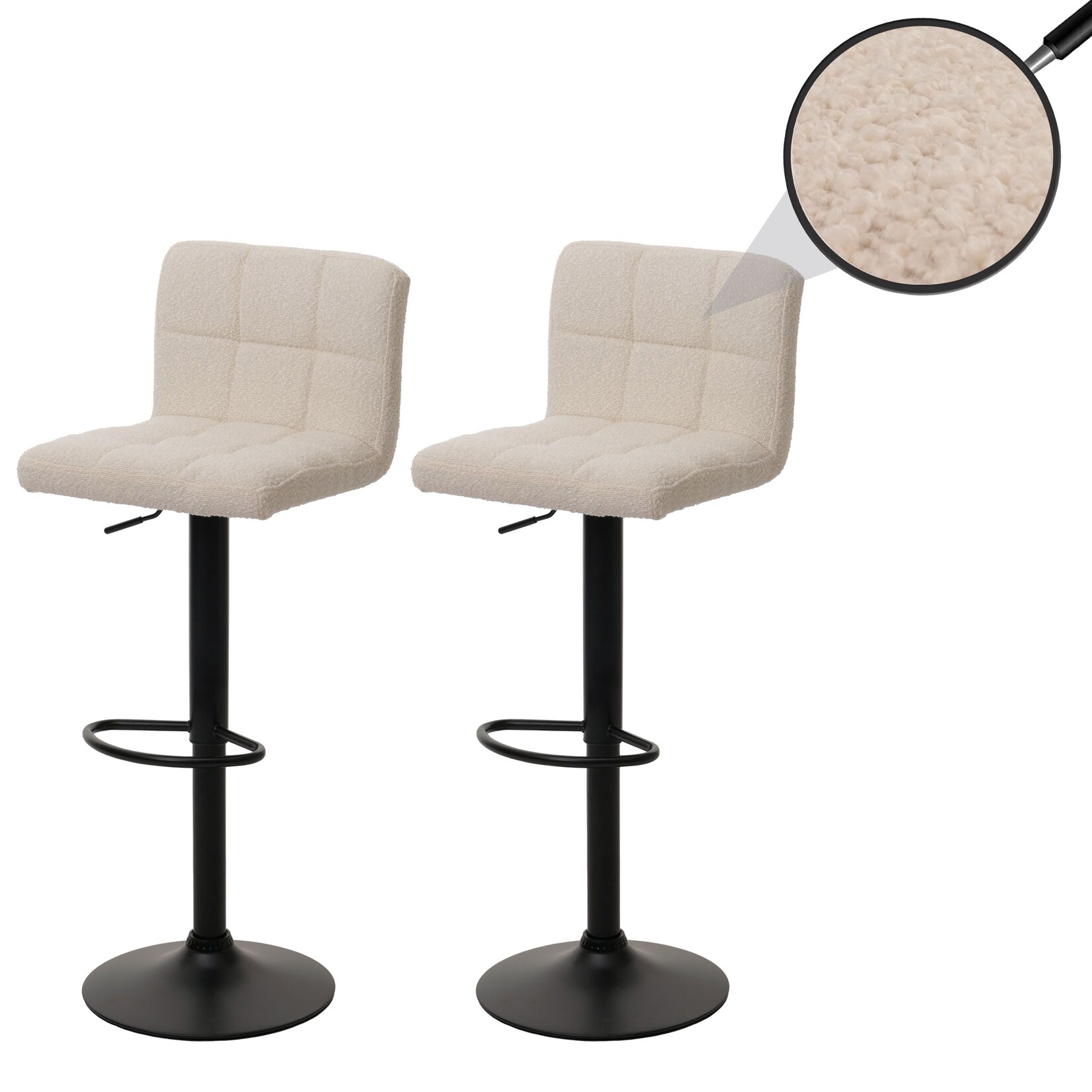2er-Set Barhocker MCW-G87, Tresenhocker Barstuhl, höhenverstellbar drehbar, Stoff Boucle (450g/m²) MVG ~ creme-beige