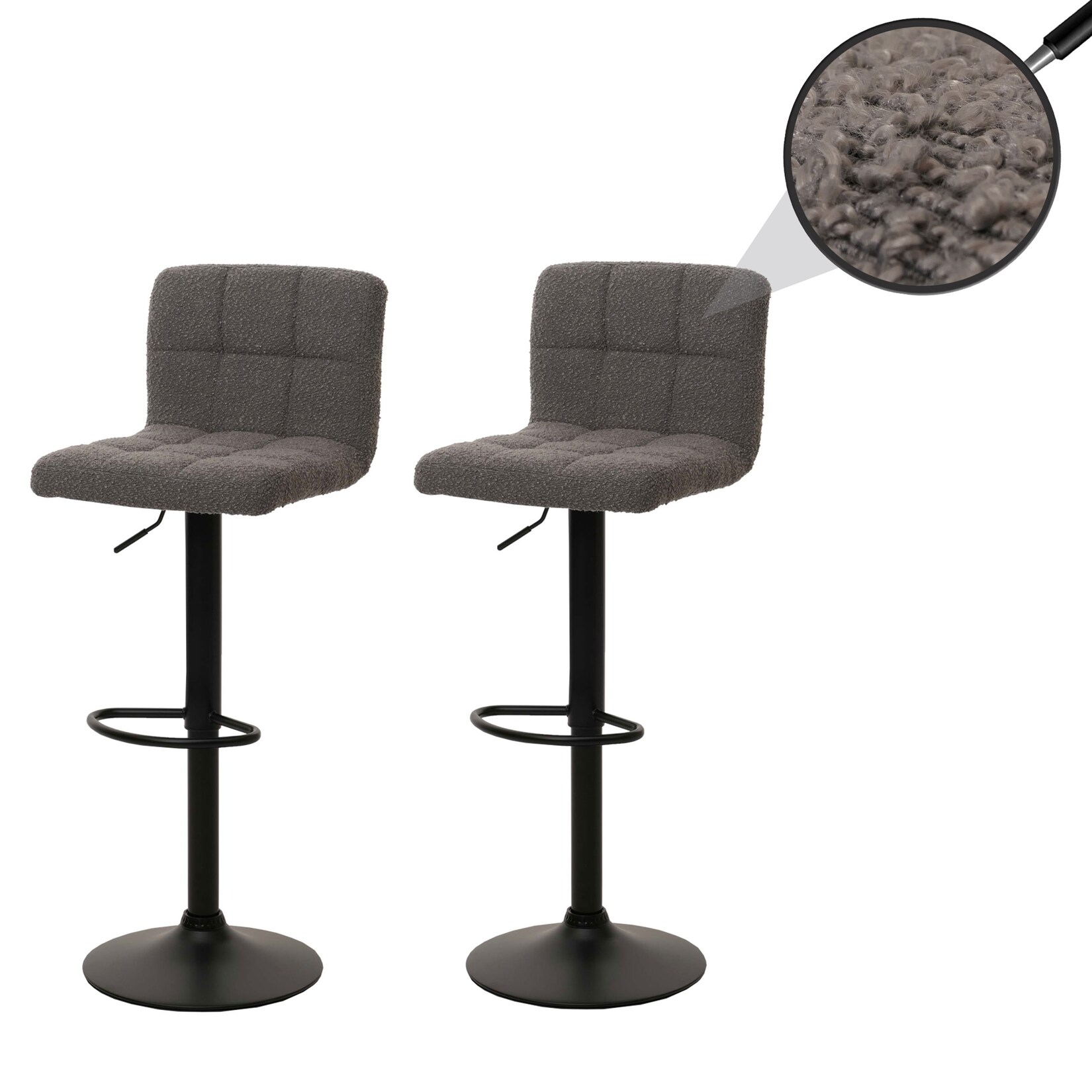 2er-Set Barhocker MCW-G87, Tresenhocker Barstuhl, höhenverstellbar drehbar, Stoff Boucle (450g/m²) MVG ~ dunkelgrau
