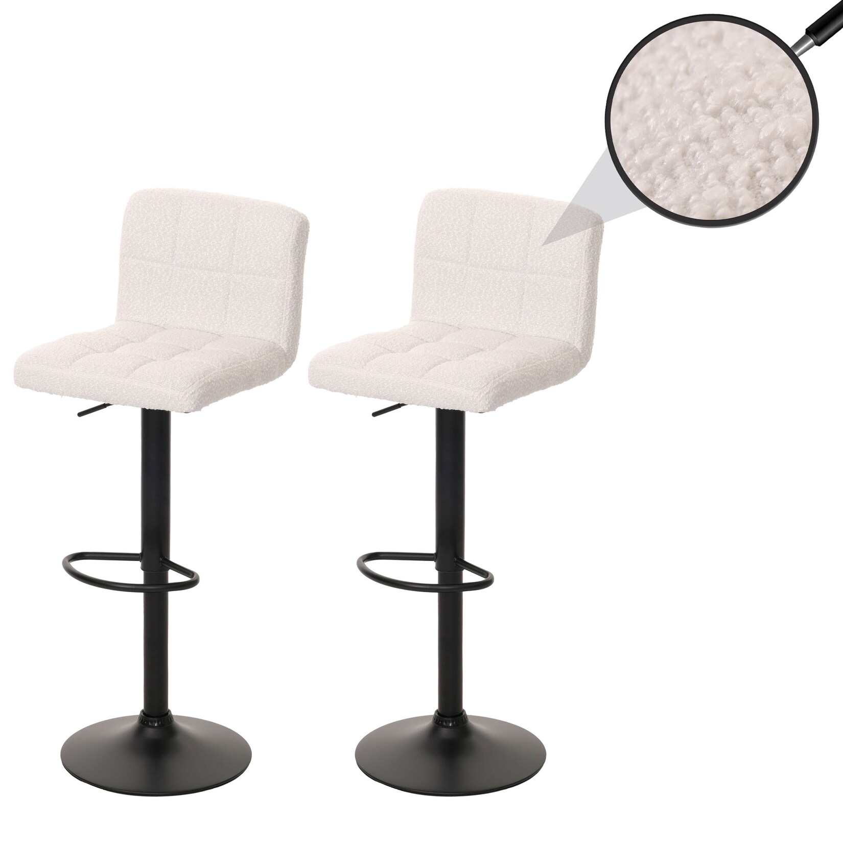 2er-Set Barhocker MCW-G87, Tresenhocker Barstuhl, höhenverstellbar drehbar, Stoff Boucle (450g/m²) MVG ~ creme-weiß