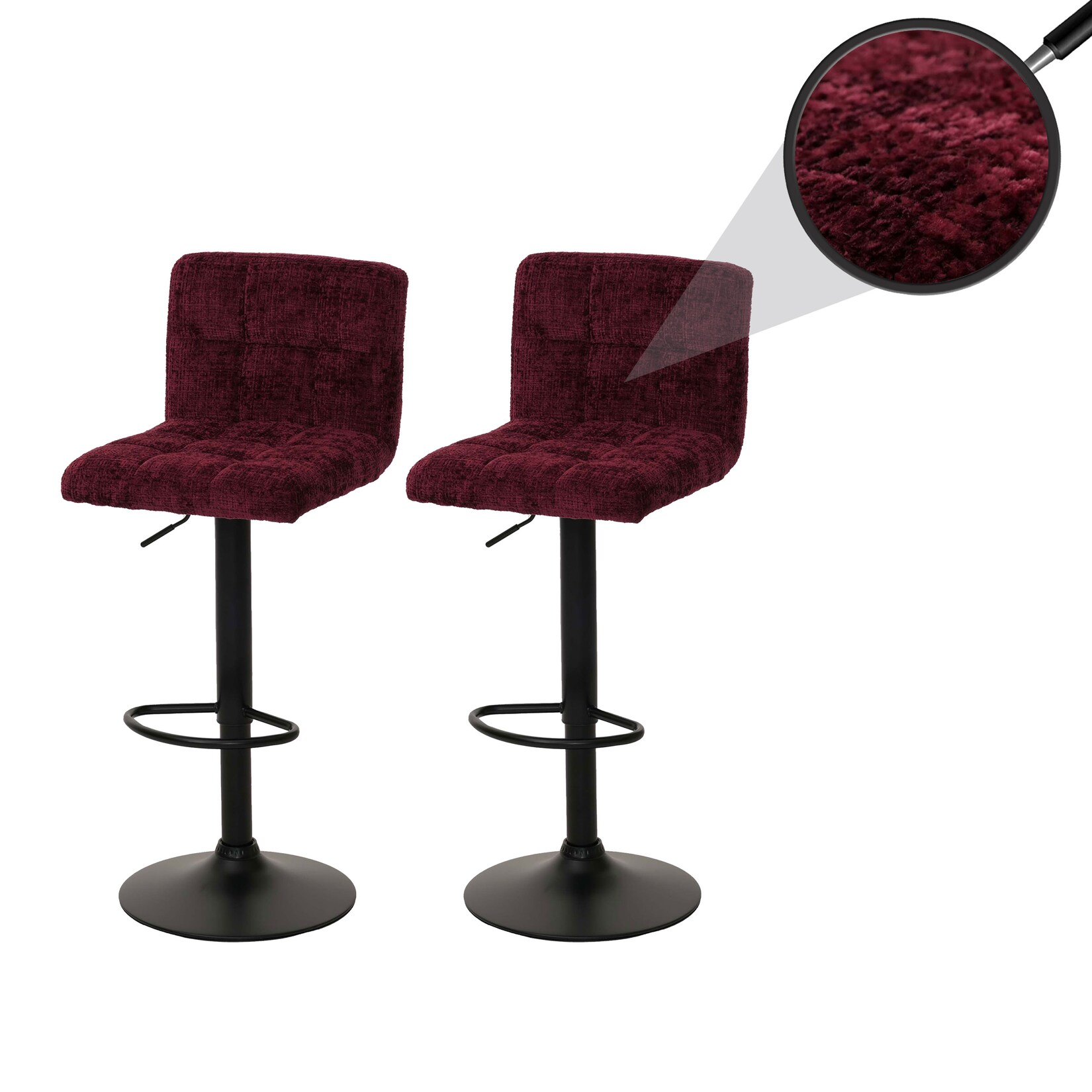 2er-Set Barhocker MCW-G87, Tresenhocker Barstuhl, höhenverstellbar drehbar, Stoff Chenille (465g/m²) MVG ~ bordeaux