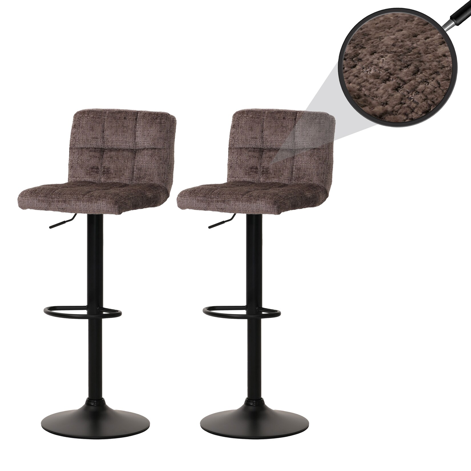 2er-Set Barhocker MCW-G87, Tresenhocker Barstuhl, höhenverstellbar drehbar, Stoff Chenille (465g/m²) MVG ~ braun