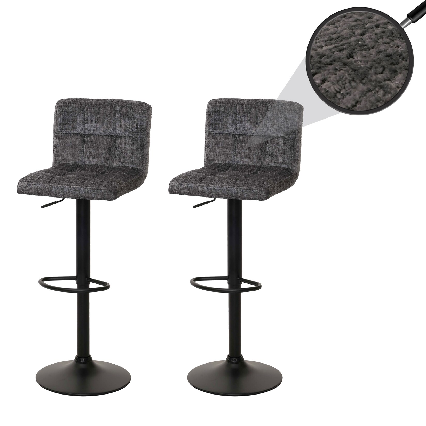 2er-Set Barhocker MCW-G87, Tresenhocker Barstuhl, höhenverstellbar drehbar, Stoff Chenille (465g/m²) MVG ~ dunkelgrau