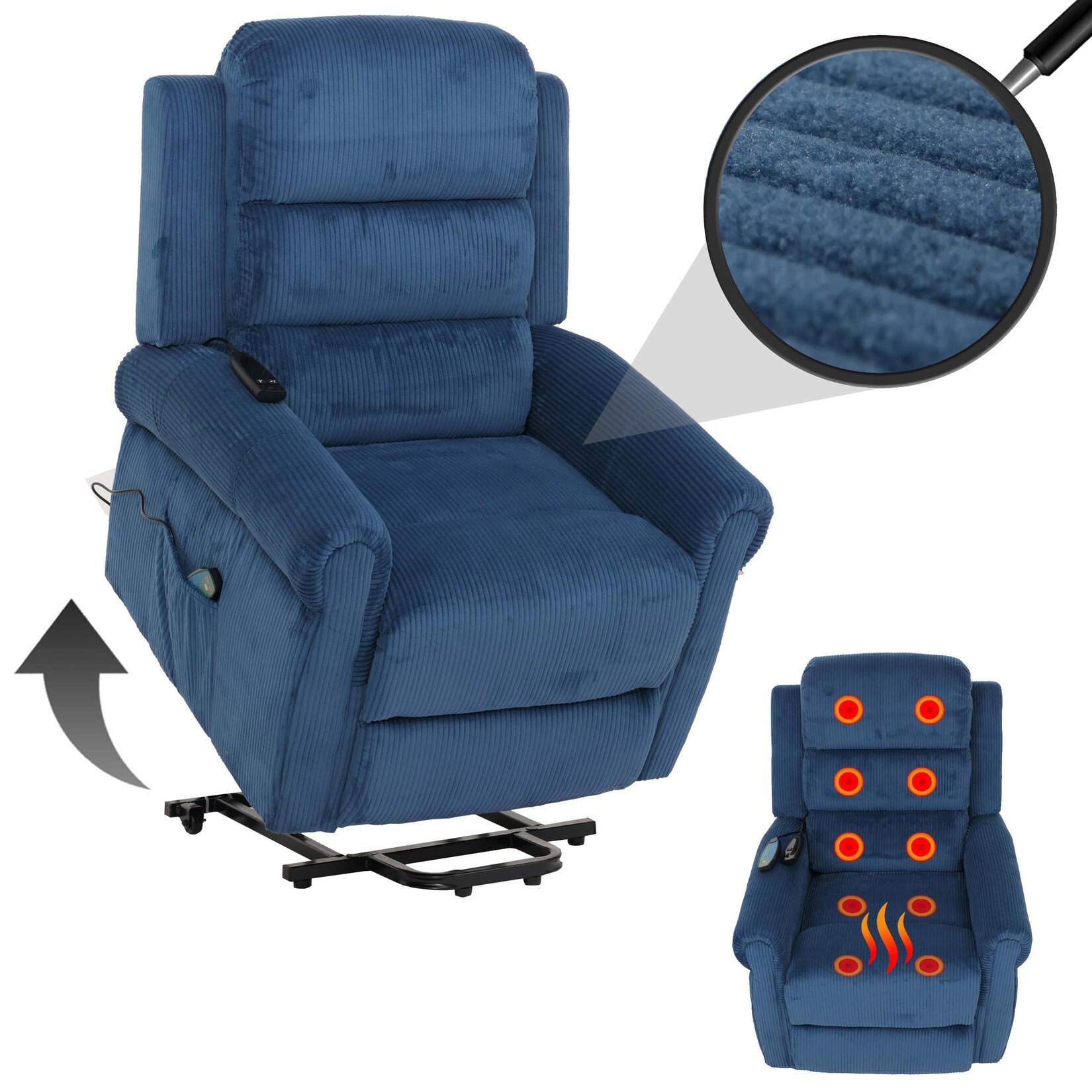 Fernsehsessel MCW-K63, Relaxsessel, Liegefunktion Aufstehhilfe Massage Heizfunktion, Stoff (220g/m²) Cord ~ blau