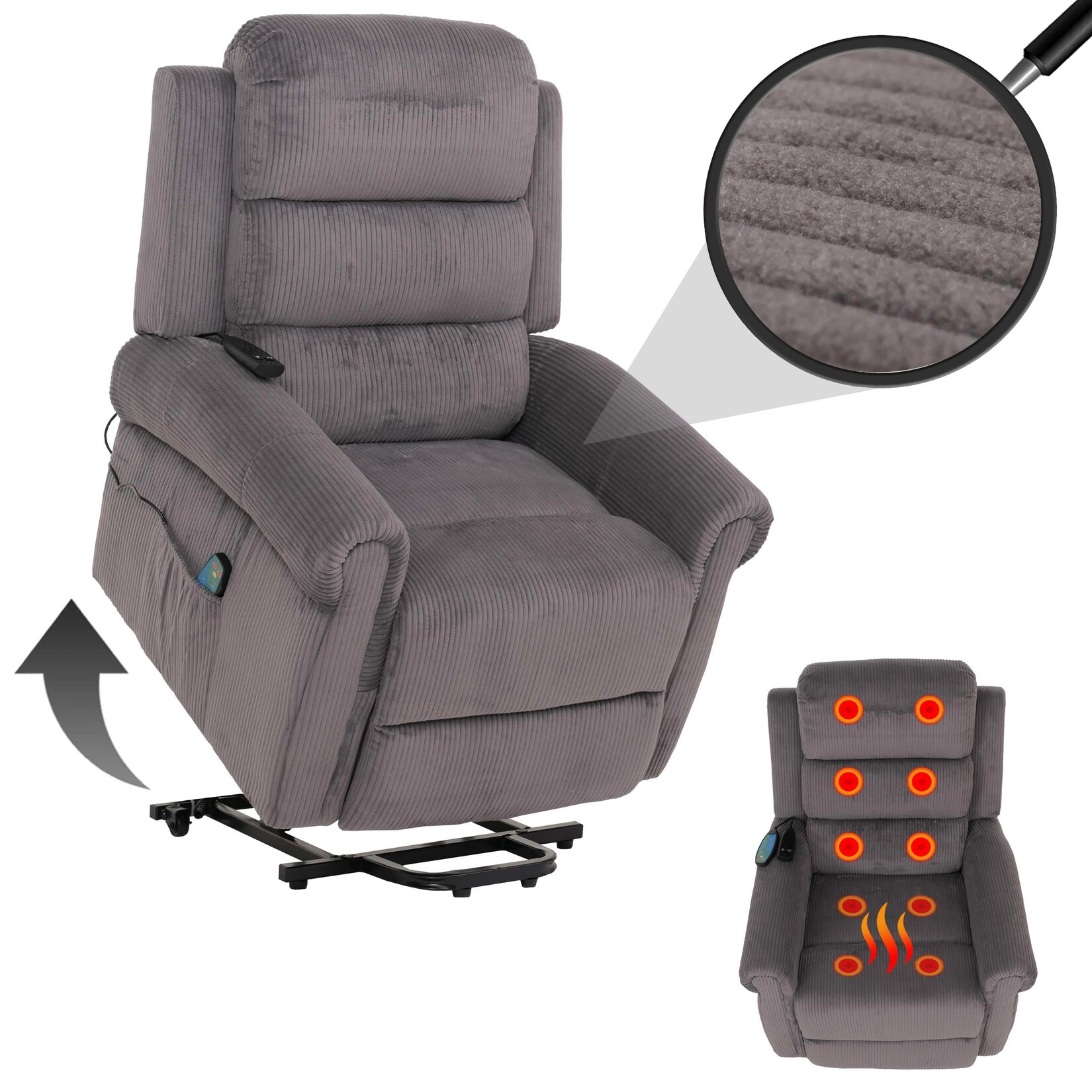 Fernsehsessel MCW-K63, Relaxsessel, Liegefunktion Aufstehhilfe Massage Heizfunktion, Stoff (220g/m²) Cord ~ dunkelgrau