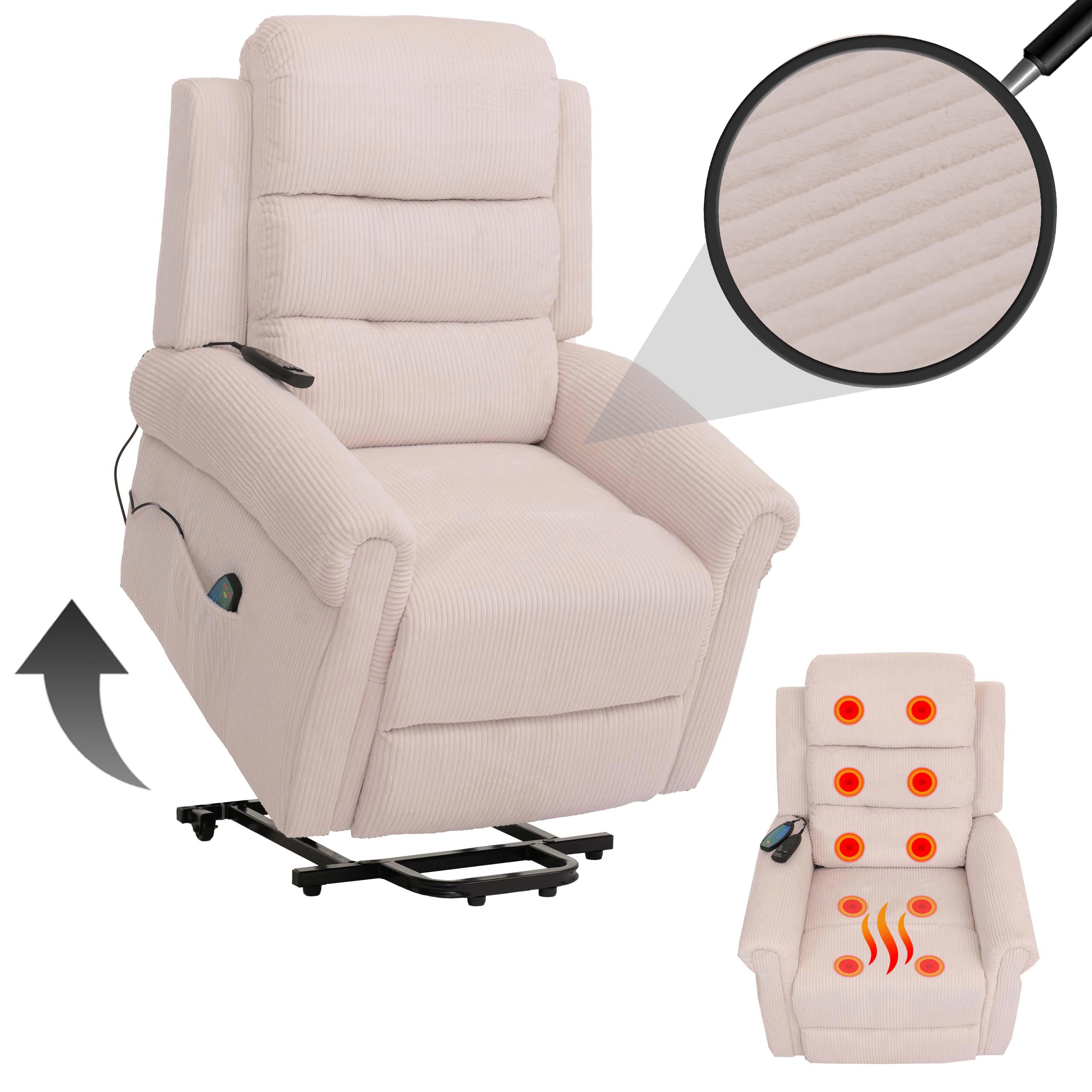 Fernsehsessel MCW-K63, Relaxsessel, Liegefunktion Aufstehhilfe Massage Heizfunktion, Stoff (220g/m&sup2;) Cord ~ creme-wei&szlig; - Bild 1