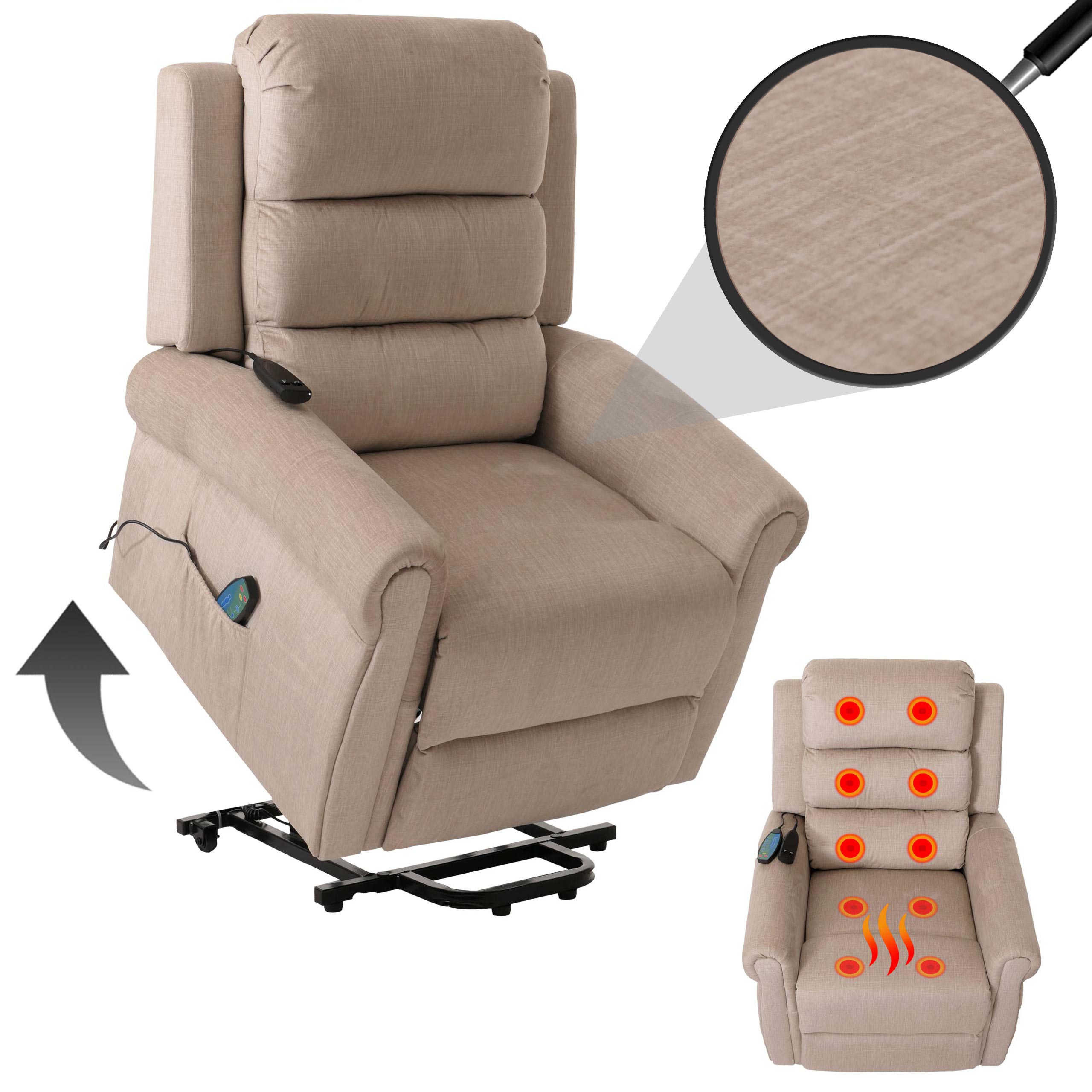 Fernsehsessel MCW-K63, Relaxsessel, Liegefunktion Aufstehhilfe Massage Heizfunktion, Stoff 220g/m&sup2; Chenille ~ creme - Bild 1