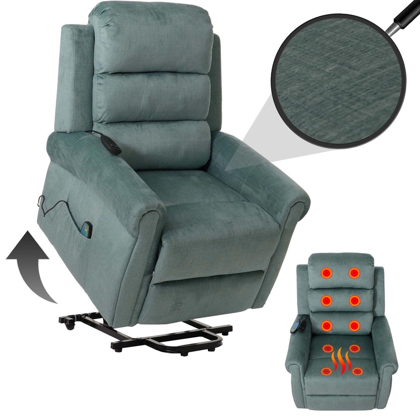 Fernsehsessel MCW-K63, Relaxsessel, Liegefunktion Aufstehhilfe Massage Heizfunktion, Stoff 220g/m² Chenille ~ blau-grün